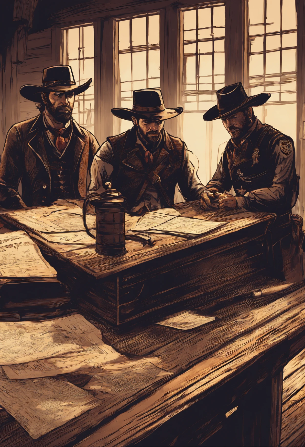 (best quality,4k,8k,highres,masterpiece:1.2),ultra-detailed,(realistic,photorealistic,photo-realistic:1.37),red dead redemption 2 artwork style,dark room,1899 western style,sheriff office,sheriff office decoration, 6 sheriffs standing in front of a table,sheriff hat,sheriff badge,wooden desk,oil painting texture,vintage atmosphere,vibrant colors,soft lighting,Wanted posters hanging on the wall,old wooden walls and floors,strong shadows,leather chairs,dusty air,aged artifacts,authentic costumes,cowboy boots,revolver holsters,jail cells in the background,old documents on the desk,authentic western rifles,antique furniture,sunlight streaming through the window,whiskey bottles on the table,handwritten letters,fireplace with a flickering flame,a painting of the wild west landscape in the background,6 men, 6 sheriffs standing