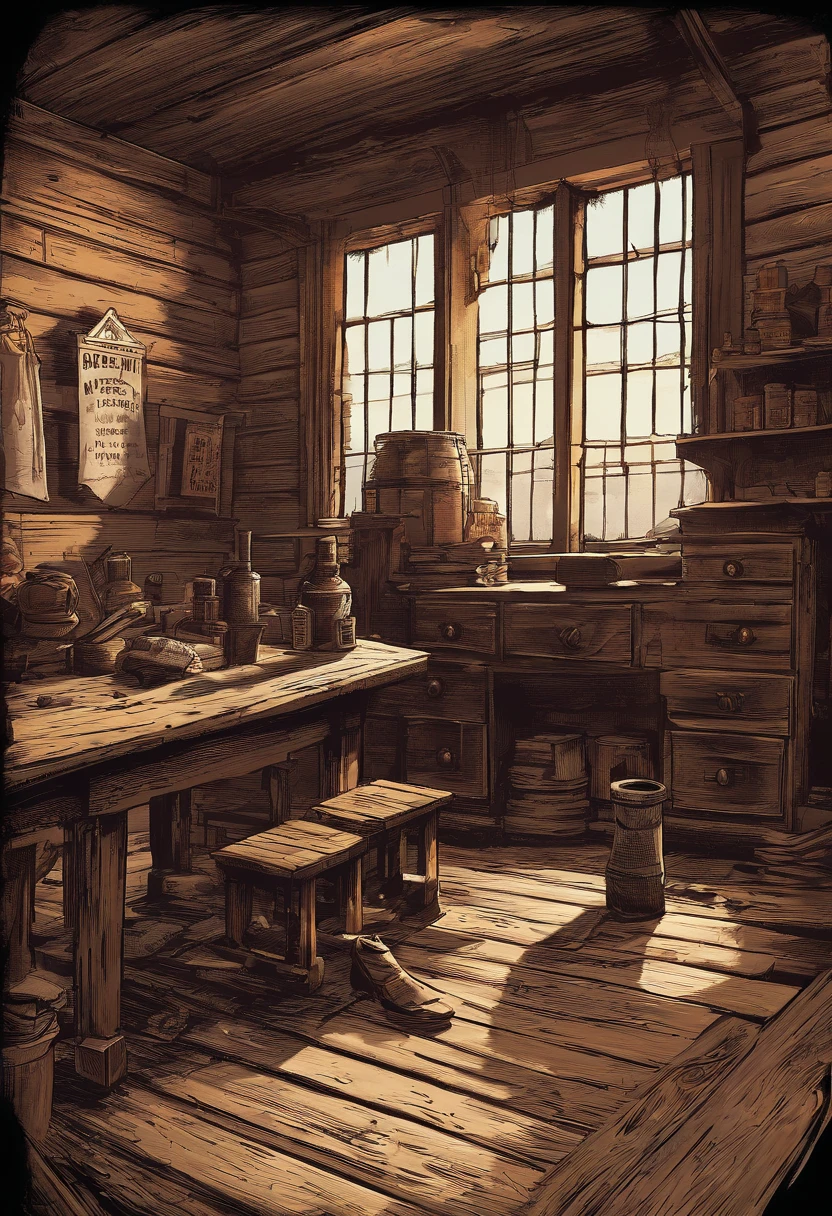 (best quality,4k,8k,highres,masterpiece:1.2),ultra-detailed,(realistic,photorealistic,photo-realistic:1.37),red dead redemption 2 artwork style,dark room,1899 western style,sheriff office,sheriff office decoration, 6 sheriffs standing in front of a table,sheriff hat,sheriff badge,wooden desk,oil painting texture,vintage atmosphere,vibrant colors,soft lighting,Wanted posters hanging on the wall,old wooden walls and floors,strong shadows,leather chairs,dusty air,aged artifacts,authentic costumes,cowboy boots,revolver holsters,jail cells in the background,old documents on the desk,authentic western rifles,antique furniture,sunlight streaming through the window,whiskey bottles on the table,handwritten letters,fireplace with a flickering flame,a painting of the wild west landscape in the background,6 men, 6 sheriffs standing
