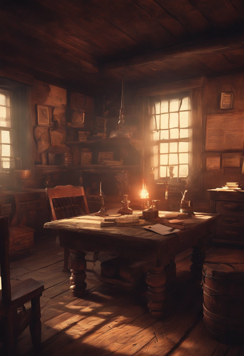 (best quality,4k,8k,highres,masterpiece:1.2),ultra-detailed,(realistic,photorealistic,photo-realistic:1.37),red dead redemption 2 artwork style,dark room,1899 western style,sheriff office,sheriff office decoration, 6 sheriffs standing in front of a table,sheriff hat,sheriff badge,wooden desk,oil painting texture,vintage atmosphere,vibrant colors,soft lighting,Wanted posters hanging on the wall,old wooden walls and floors,strong shadows,leather chairs,dusty air,aged artifacts,authentic costumes,cowboy boots,revolver holsters,jail cells in the background,old documents on the desk,authentic western rifles,antique furniture,sunlight streaming through the window,whiskey bottles on the table,handwritten letters,fireplace with a flickering flame,a painting of the wild west landscape in the background,6 men, 6 sheriffs standing