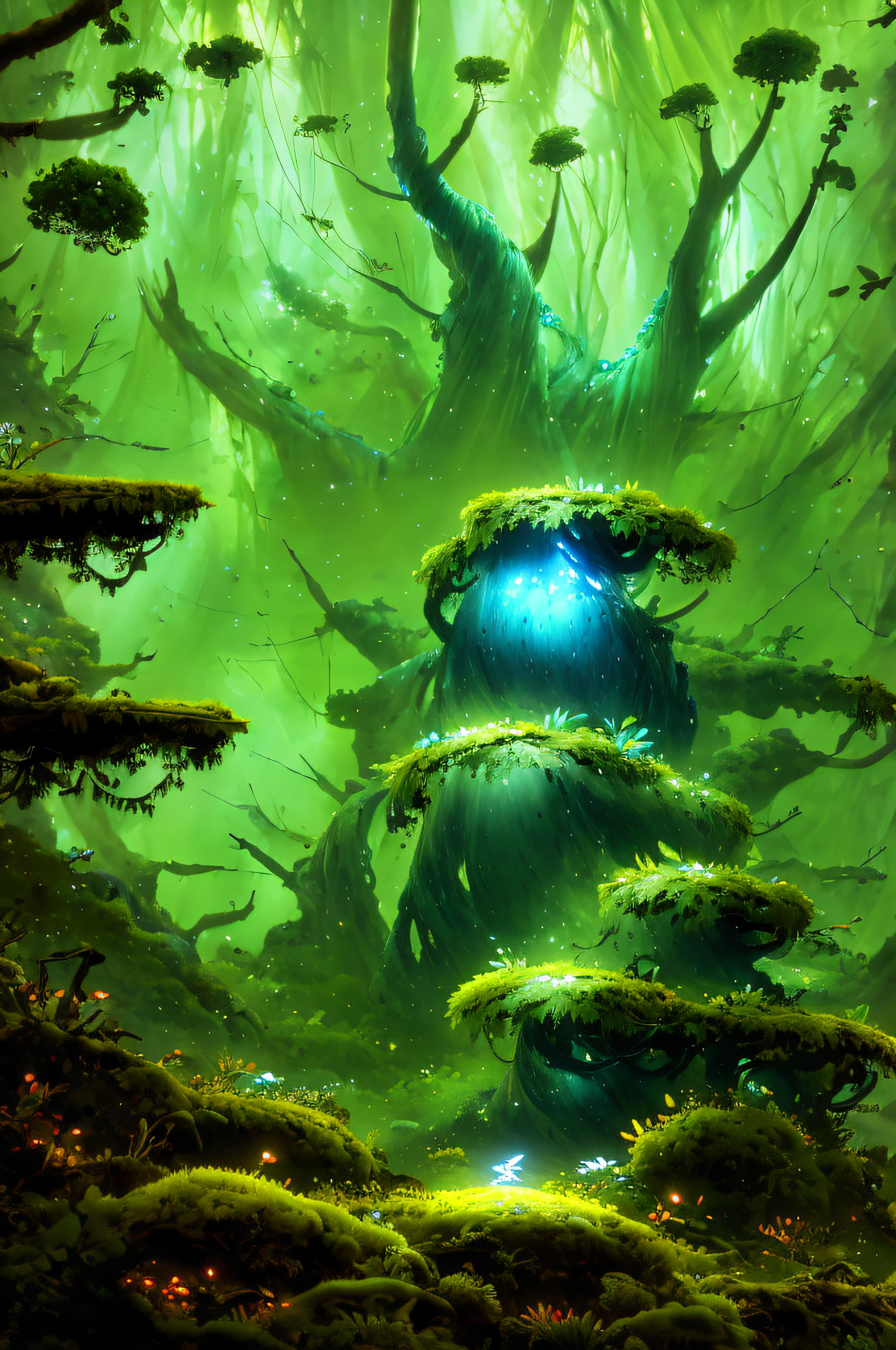 Pino Daeni, Created by Ruan Jia, Created by Alayna Lemmer, Created by Carlo Galli Bibiena, [Spirit Tree] , sky blue and olive green sky, starry, forest, blue ocean and glowing plants, (Ori and the Blind Forest), (Ori and the Blind Forest the Will of the Wisps), 2D game, digital art, realistic scale, Sharp focus, (HDR), (8k), (gigapixel), ((masterpiece))