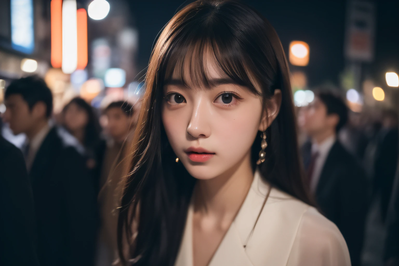 (8K、RAW Photography、top-quality、masterpiece:1.2)、29yo、japanes、1 girl in、Transparency、Street at night、is standing、wears a suit、A detailed face、A detailed eye、detailed mouth、unclear