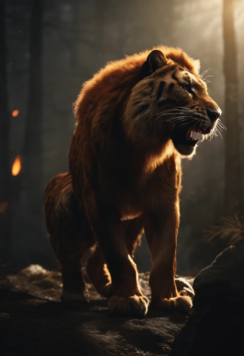 Strange monsters in a fantasy world,sabertooth tiger,Strong limbs,Covered in flames,Blood,Covered with thick spikes,Moon Night,中景 the scene is,Full body like, highly detailed surreal vfx,oc rendered,Shot with 70 mm - AR 16:9 --q 2 --s 1000