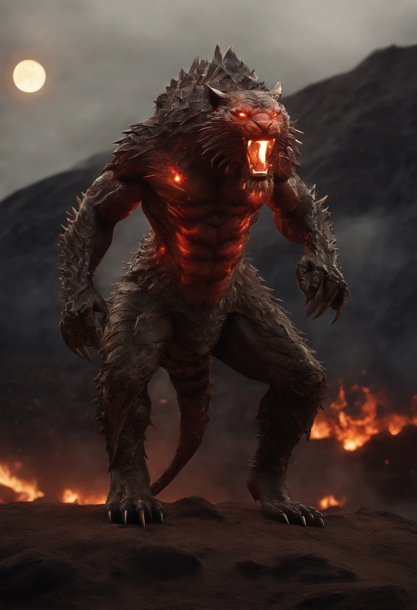 Strange monsters in a fantasy world，sabertooth tiger，Strong limbs，Covered in flames，Blood，Covered with thick spikes，Moon Night，中景 the scene is，Full body like， highly detailed surreal vfx，oc rendered，Shot with 70 mm - AR 16:9 --q 2 --s 1000