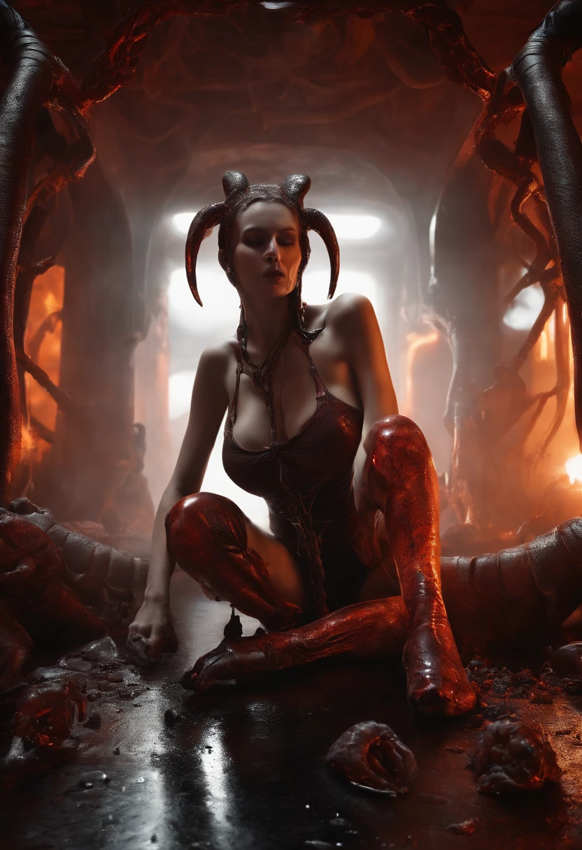 Post-apocalypse, uturistic, bright neon clours, best quality, high resolution, alien , giger, viscera, post, peeled flesh, guro, broken creature, deadman, a dangerous looking sprinkled girl bright neon blood on top of a table high contrast, sharp orange neon, in the style of giger in the hole, deep contrast, hyperrealism, hyper realistic color photo, realistic photography, ultra realistic, biomechinical, biomachines, ((hnsrdlf style)), detailed reflections, dark atmosphere, gothic art, futuristic, realistic blood, realistic reflections, RTX graphic, HDR, ultra detailed, real blood