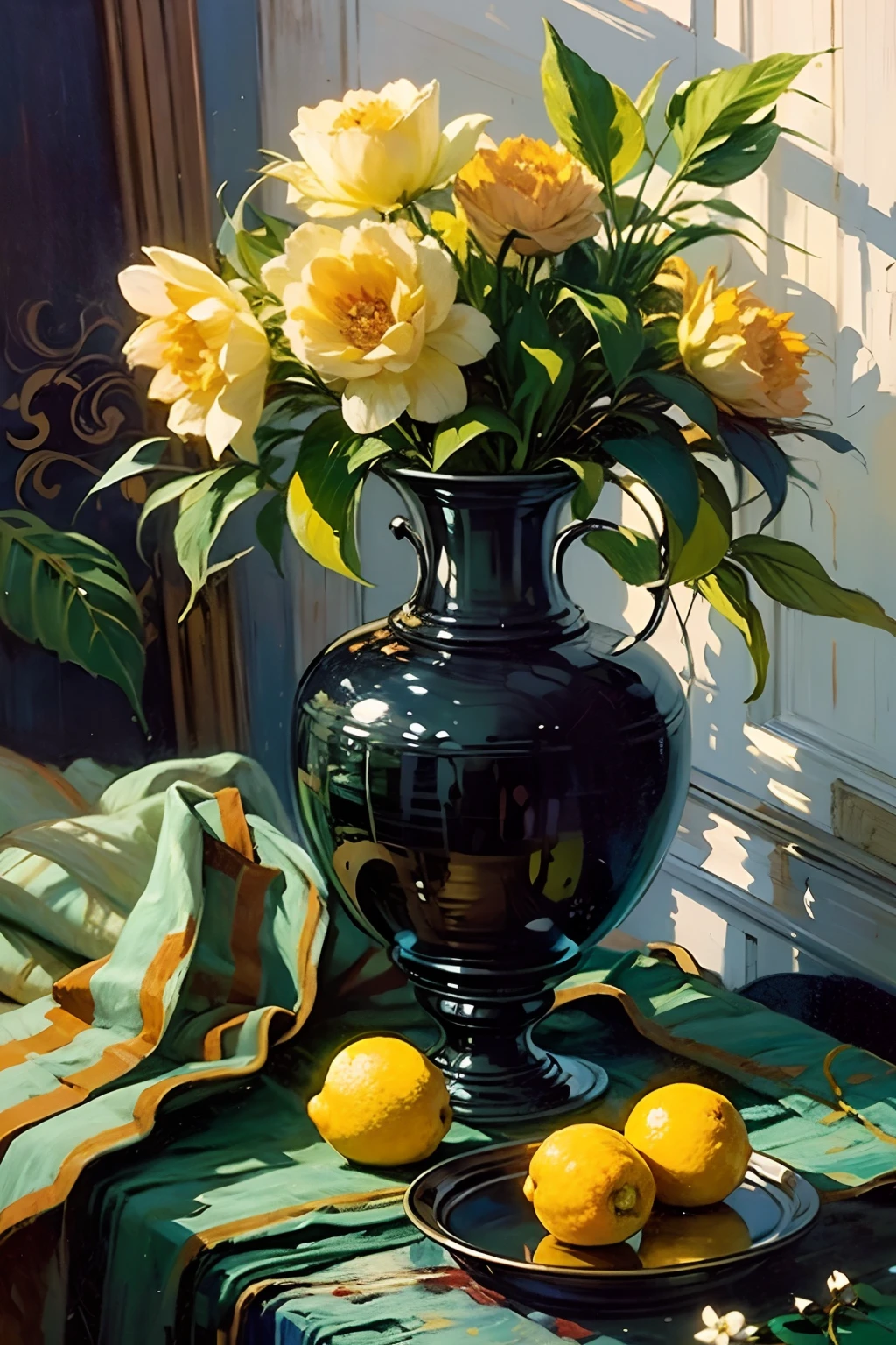 oil painting still life, in the historical interior environment, darkened room, cinematic lighting, contrast lighting, lemons on a table, dark draped fabric, black peonies in the glass vase, lemon peel