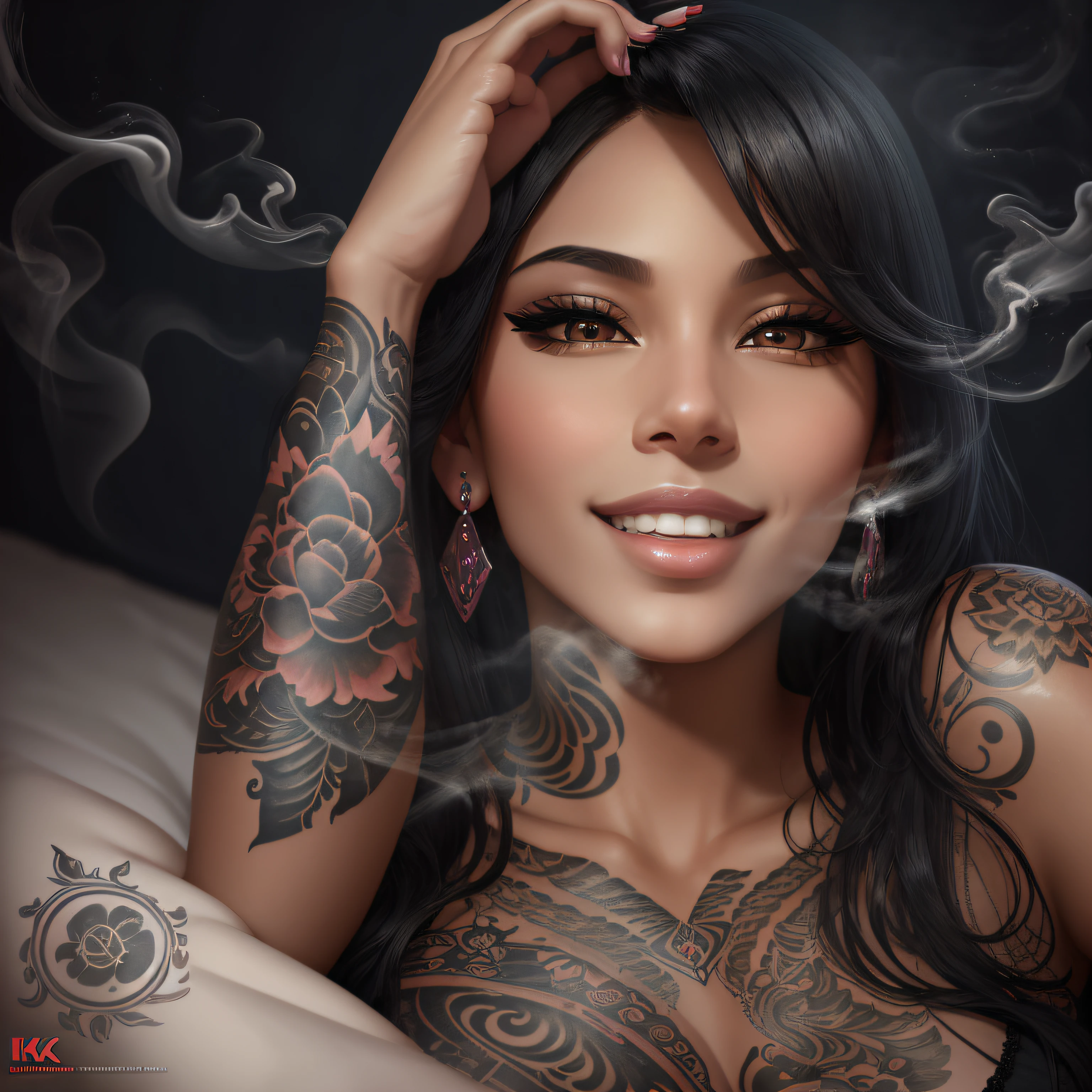 sensual woman, black hair, revealing clothes, prostitute, cour's clothing, tattooed, smoking vape, vape in hand, in bed, charming pose, looking at the viewer with charming gentle smile, best quality, good anatomy, detailed face, 4k, masterpiece, detailed eyes --auto --s2