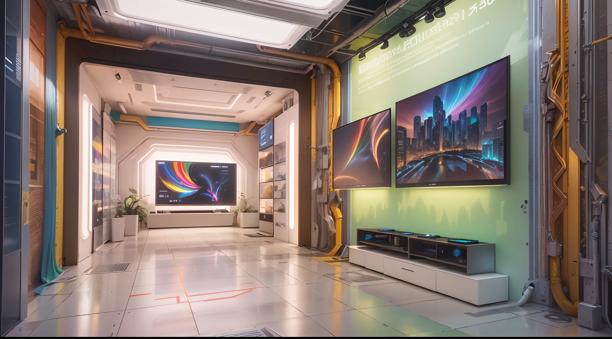 Indoor rectangular space,,Narrow and deep space, A 3-meter-tall,Colorful and bright,Pigment Museum,Immersive feeling, The large number of paint tubes on the walls on both sides forms a huge neat array of art,Inside are some LED screens,Showcasing the history of Marley brand pigments,There are many colored arrays on the walls,Colorful colorful,Rainbow,, 8K high precision,concept design,Cinematic level,Interior showroom design,High detail,high-tech feel, Futuristic style, LCD screen and digital interactive technology,Some LEDs and history display bars on the wall, The top surface is specular,A beautiful space that forms infinite reflections,concept design,8K, Bright and clean,