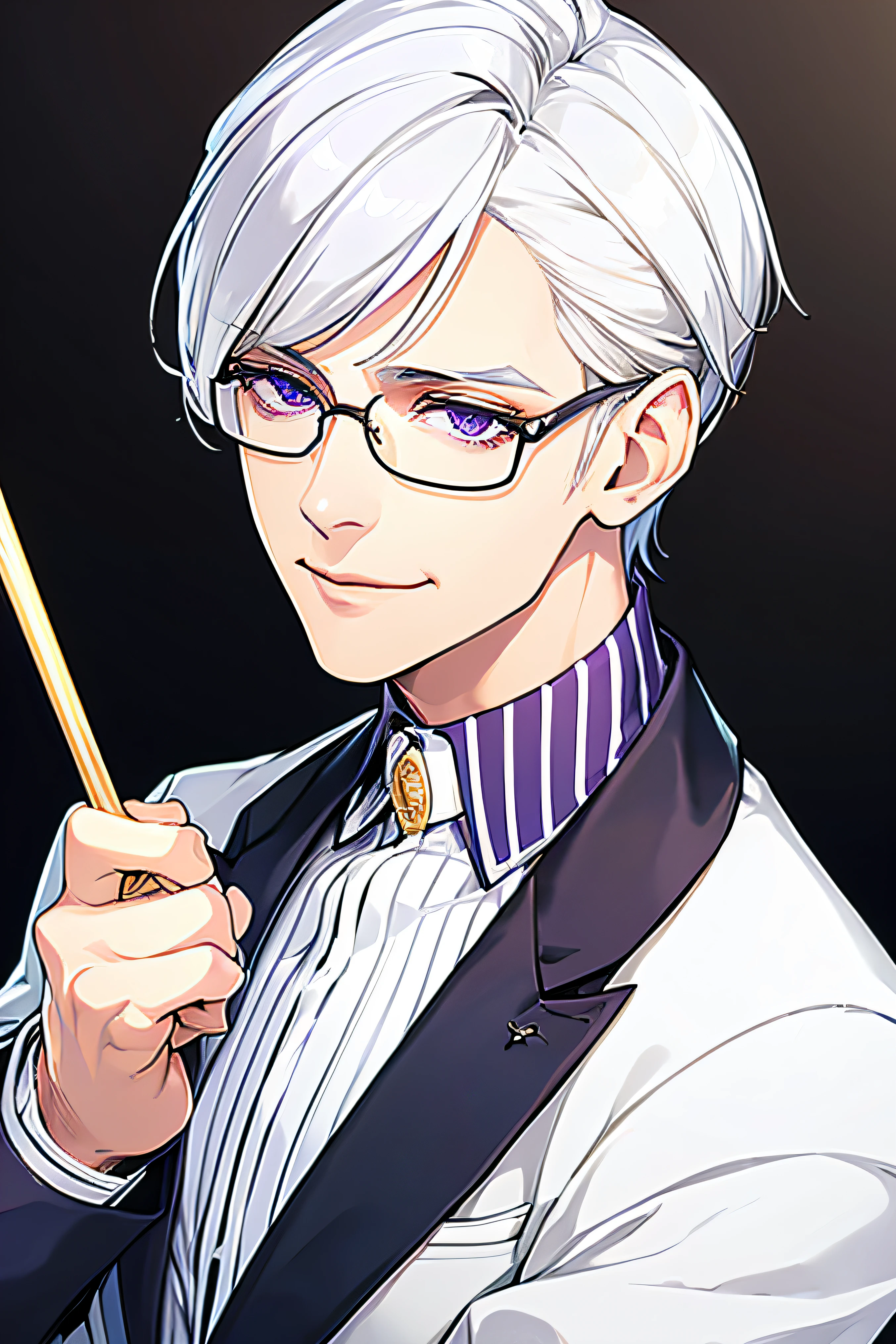 Short_silver_hair, hair_back_side, small_bangs_on the sides, 1adult_man, really_purple_eyes, beautiful_and_detailed_eyes, nice_smile, dress, white_business_suit, holding_a_silver_cane_with_gold_handle, detailed_hands, wearing_white_glasses, better_quality, HD_quality