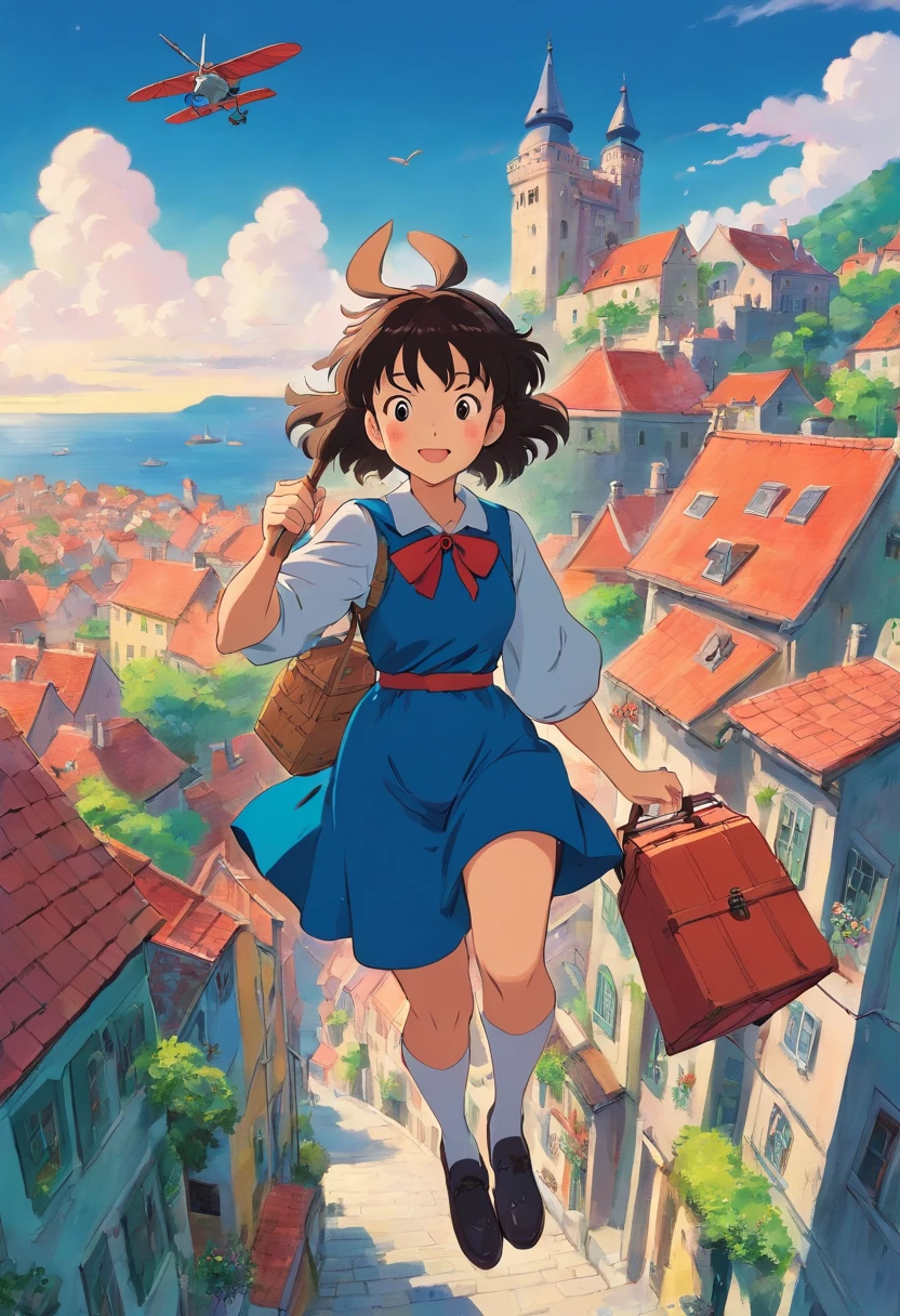 Witch's Delivery Service,Flying in the sky,Girl with cat in arms,Ghibli style,Background of residential areas in Croatia