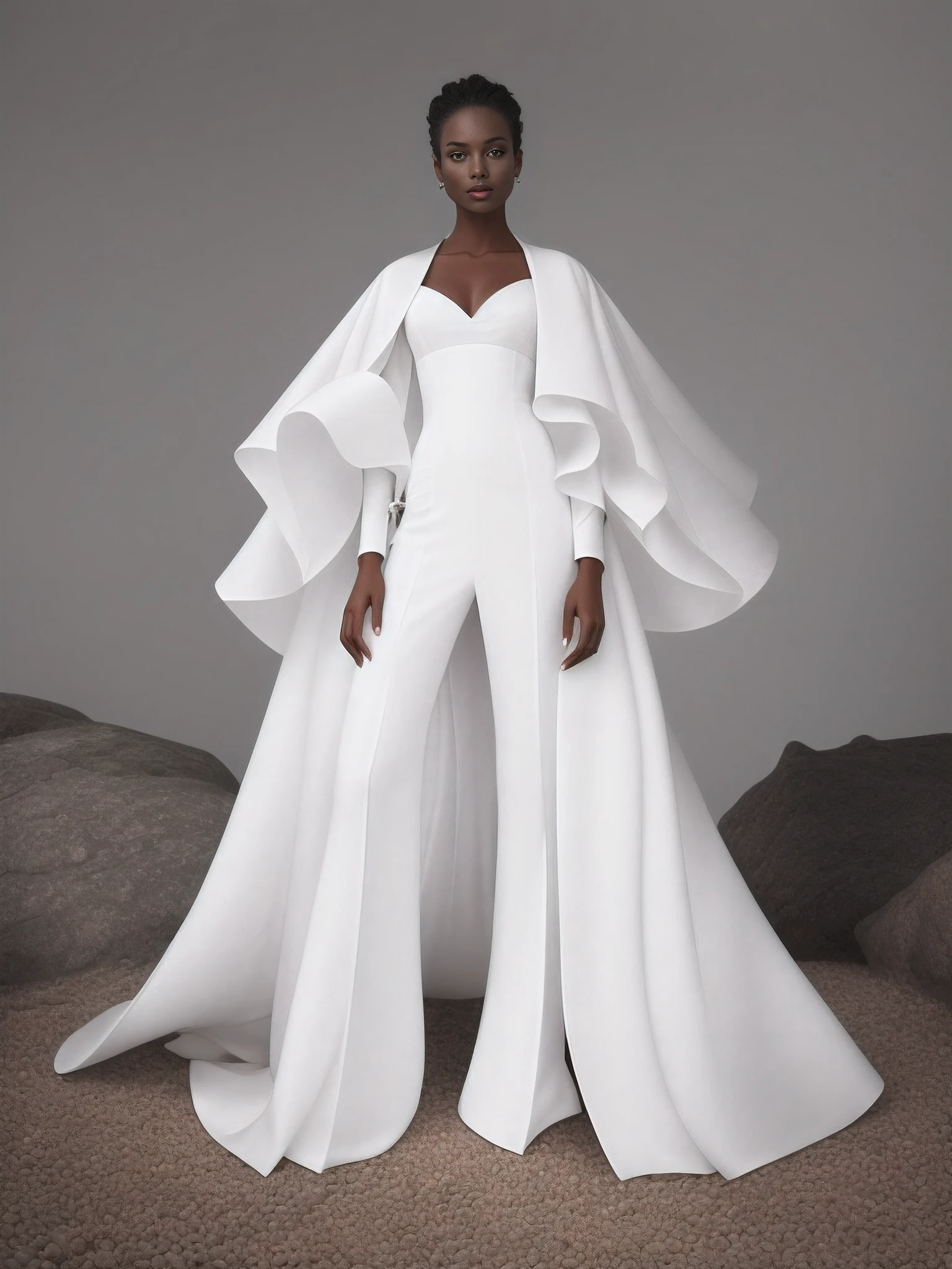 A woman in a white dress and cape stands on a rock, flowing white robes, vestir. detalhes extremamente altos, longo manto branco fluindo, vestindo terno branco futurista, flowing robes, Cabo Branco Longo, roupa branca de seda, vestido branco, flowing robe, Alta costura fashion, terno liso branco apertado roupas terno, Vestidos! intrincado, terno branco, Floating robes, Cabo Fluindo