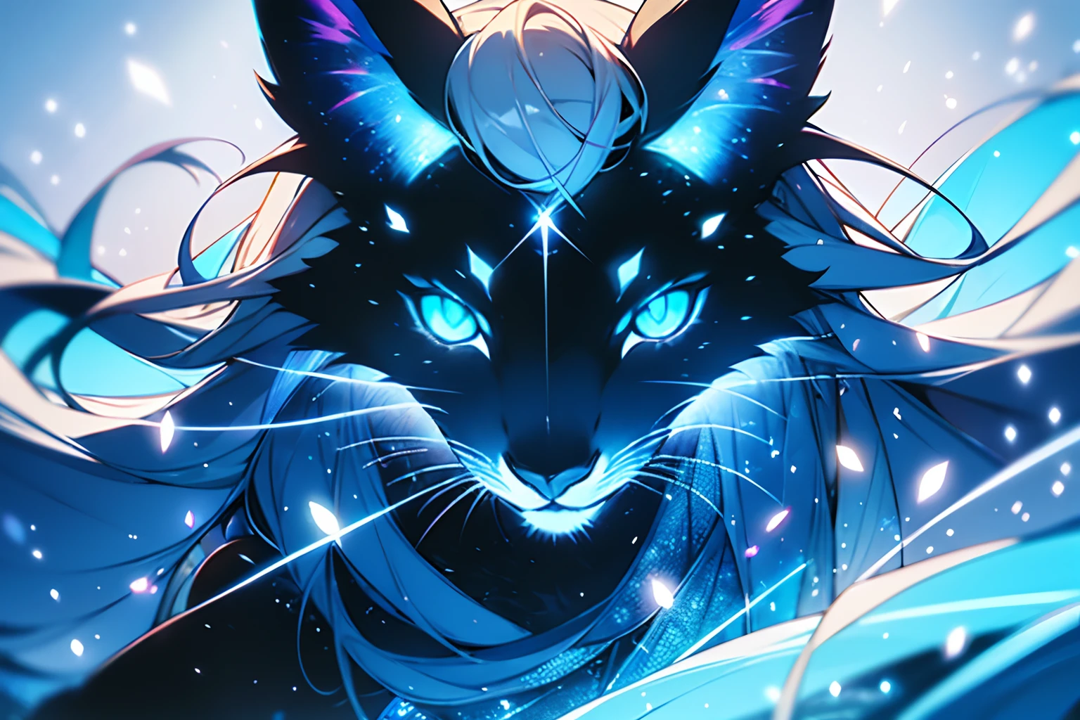 mythical goddess mount monster illustration, cool beauty face, slant up and sharp eyes, wrap in fog, distant galaxy filled with tiny colorful stars, very heavy rain, thunderstorm, smooth and beautiful fur, flash, snow flake with freeze motion, bioluminescent, chromatic aberration, be seen dimly, shine, elegant, integrity, glorious, dignified, fiber optic light painting with gel ink add palette knife drawing, noir moon, fantasy creatures of order and chaos, dark palette, snow petals, mezzotint of water color add black-light paint background intricate detail, texture, included art, dripping effect, elaborate, justice, all captured in sharp focus, rendered in stunning 32k resolution, insanely beautiful illustration, beautiful detailed glow, holography style, cymatics, tachism, vibrant colors, exudes realism, mixed media, milky blonde, holographic rendering, multilayered, gradation, amazing background detail,