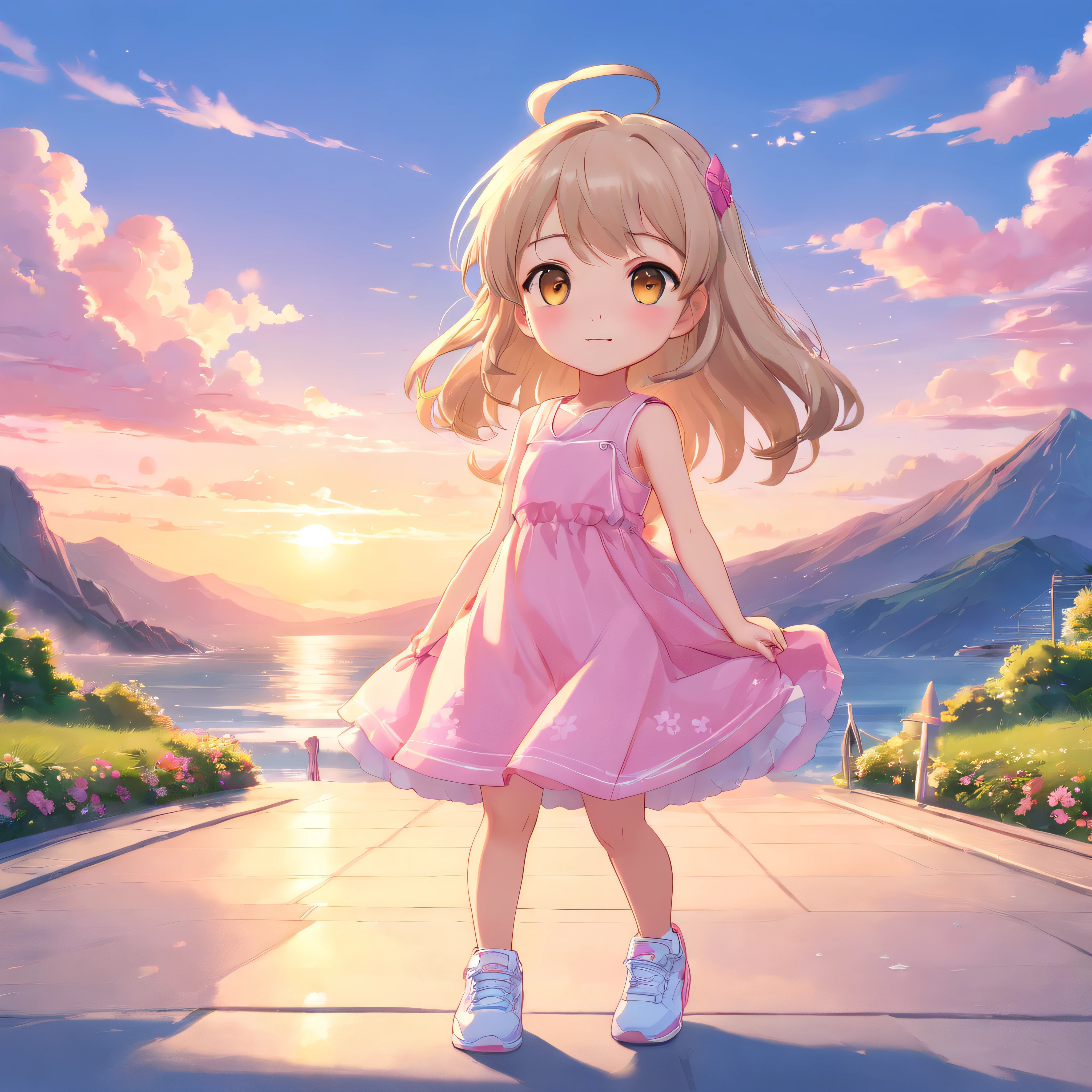 cute, chibi, a little baby girl, light skin, golden eyes, silver long hair, pink and pink pastel color party dress with candy designs, white sneakers, portrait, 3D rendering, high quality, ( plain background), (perfect hands), (full body), female, 8k, in top of mountain.