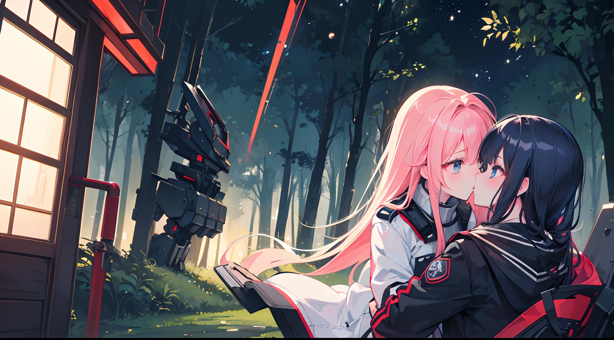 (best quality,ultra detail,2girls),night,forest,military outfit girl,robotic mecha girl wearing a jacket,yuri,long hair,anime style,cute girls,kissing,sad