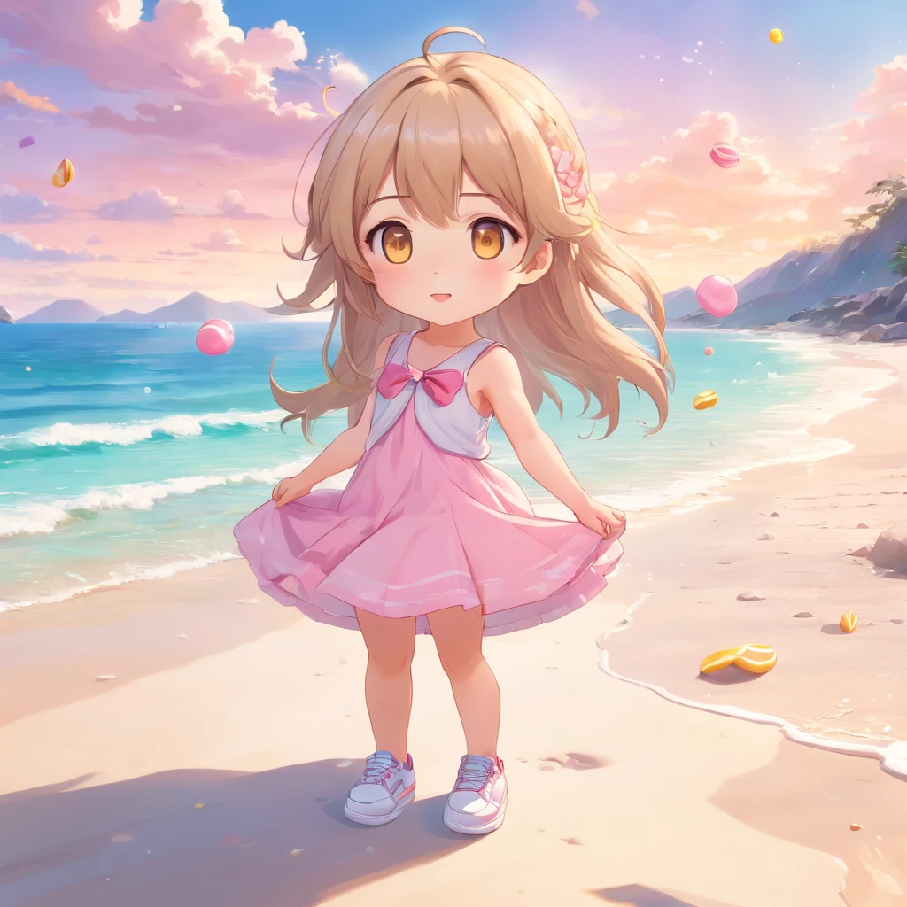 cute, chibi, a , light skin, golden eyes, silver long hair, pink and pink pastel color party dress with candy designs, white sneakers, portrait, 3D rendering, high quality, ( plain background), (perfect hands), (full body), female, 8k, in the edge of beach.