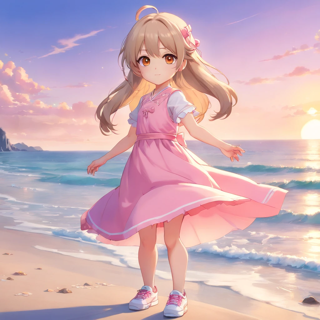 cute, chibi, a , light skin, golden eyes, silver long hair, pink and pink pastel color party dress with candy designs, white sneakers, portrait, 3D rendering, high quality, ( plain background), (perfect hands), (full body), female, 8k, in the edge of beach.