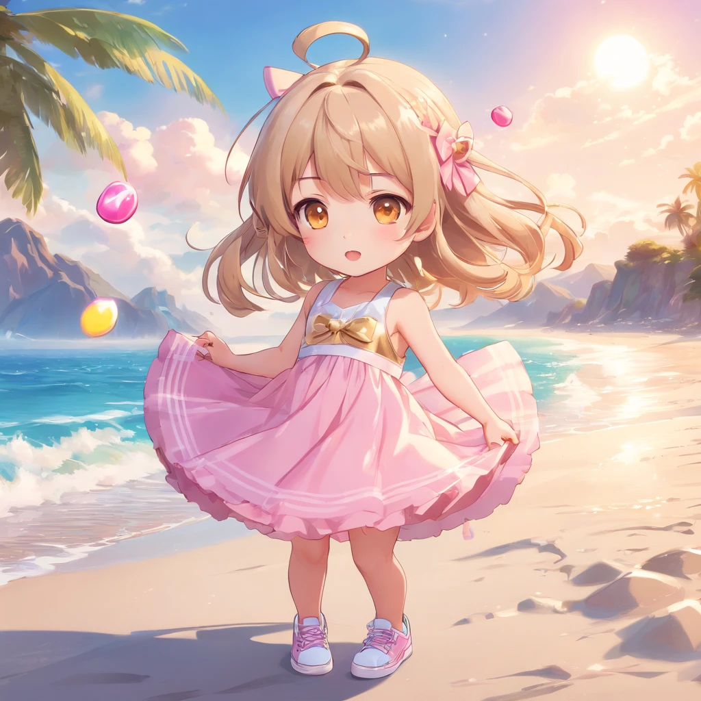 cute, chibi, a , light skin, golden eyes, silver long hair, pink and pink pastel color party dress with candy designs, white sneakers, portrait, 3D rendering, high quality, ( plain background), (perfect hands), (full body), female, 8k, in the edge of beach.