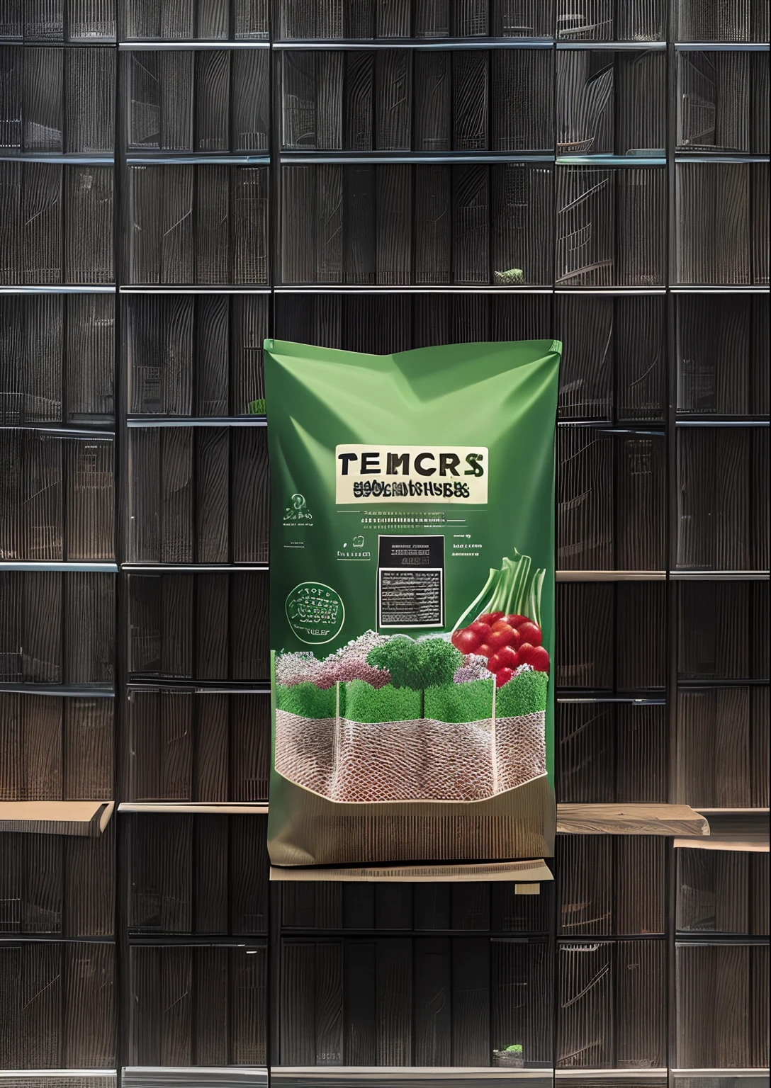 A kind of vertical fertilizer packaging bag，stereograms，The bag has folded edges，There are fruits and vegetables，There are English letters，k hd，hyper HD，16k，Morandi color matching