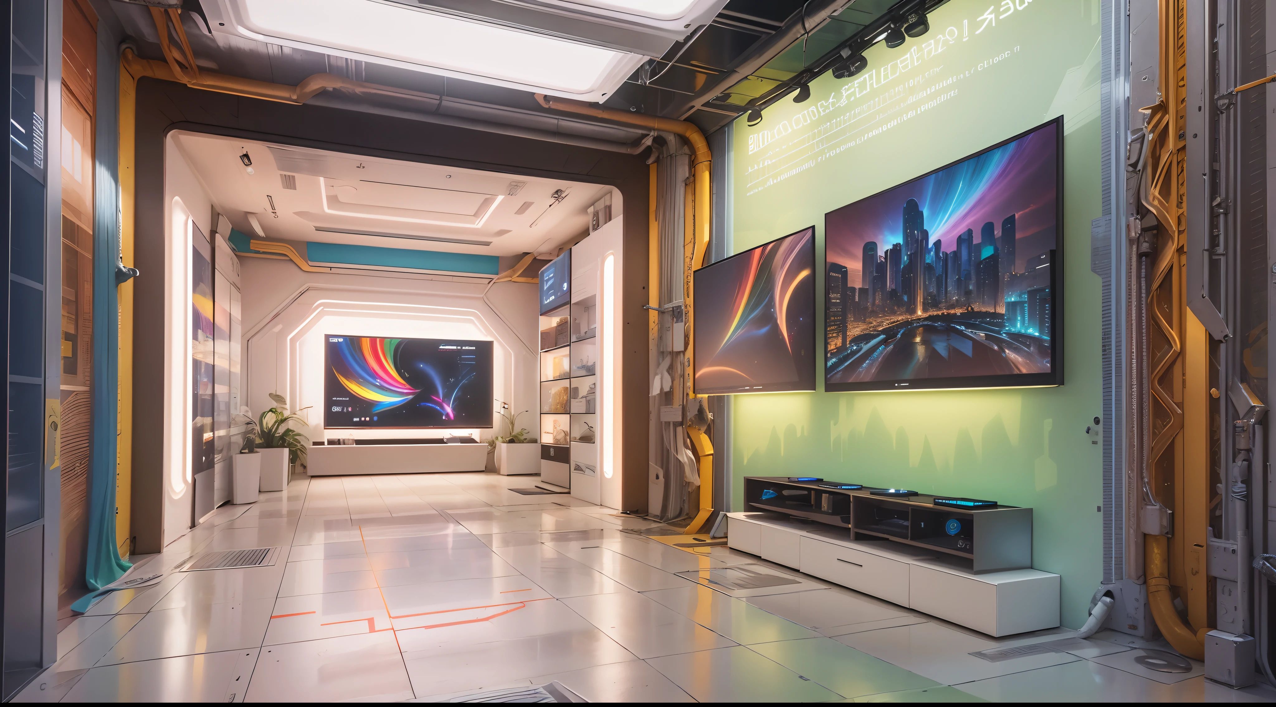Indoor rectangular space,,Narrow and deep space， A 3-meter-tall,Colorful and bright,Pigment Museum,Immersive feeling, The large number of paint tubes on the walls on both sides forms a huge neat array of art，Inside are some LED screens，Showcasing the history of Marley brand pigments,There are many colored arrays on the walls,Colorful colorful,Rainbow,, 8K high precision,concept design，Cinematic level，Interior showroom design，High detail,high-tech feel, Futuristic style, LCD screen and digital interactive technology,Some LEDs and history display bars on the wall, The top surface is specular,A beautiful space that forms infinite reflections,concept design,8K, Bright and clean,