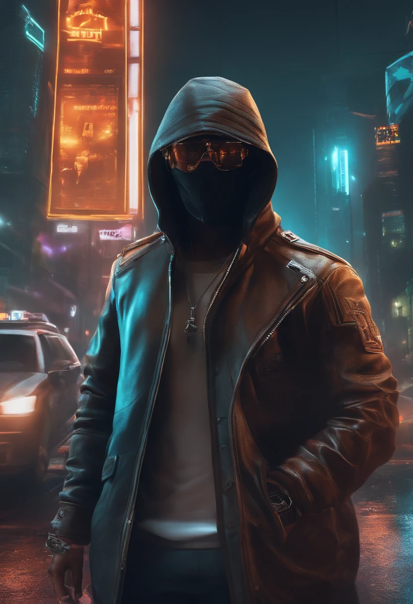 Garoto de pele negra com moletom branco, usando celular estilo Watch Dogs, cidade cyberpunk