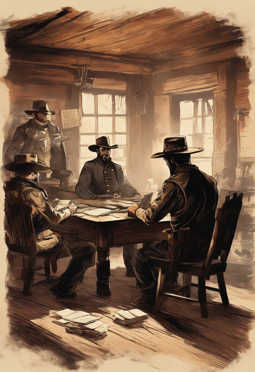 (best quality,4k,8k,highres,masterpiece:1.2),ultra-detailed,(realistic,photorealistic,photo-realistic:1.37),red dead redemption 2 artwork style,dark room,1899 western style,sheriff office,sheriff office decoration, 6 sheriffs standing in front of a table,sheriff hat,sheriff badge,wooden desk,oil painting texture,vintage atmosphere,vibrant colors,soft lighting,Wanted posters hanging on the wall,old wooden walls and floors,strong shadows,leather chairs,dusty air,aged artifacts,authentic costumes,cowboy boots,revolver holsters,jail cells in the background,old documents on the desk,authentic western rifles,antique furniture,sunlight streaming through the window,whiskey bottles on the table,handwritten letters,fireplace with a flickering flame,a painting of the wild west landscape in the background,6 men, 6 sheriffs standing