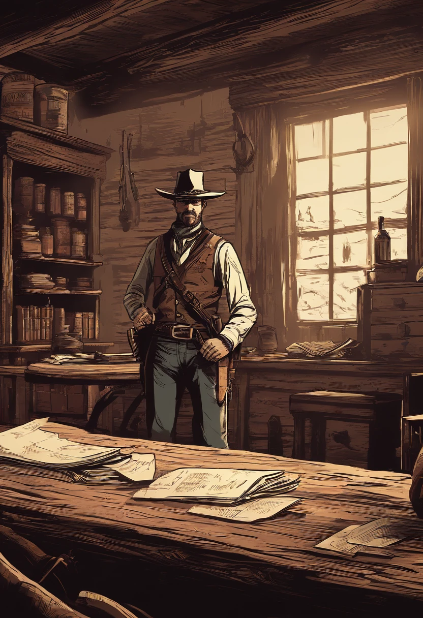 (best quality,4k,8k,highres,masterpiece:1.2),ultra-detailed,(realistic,photorealistic,photo-realistic:1.37),red dead redemption 2 artwork style,dark room,1899 western style,sheriff office,sheriff office decoration, 6 sheriffs standing in front of a table,sheriff hat,sheriff badge,wooden desk,oil painting texture,vintage atmosphere,vibrant colors,soft lighting,Wanted posters hanging on the wall,old wooden walls and floors,strong shadows,leather chairs,dusty air,aged artifacts,authentic costumes,cowboy boots,revolver holsters,jail cells in the background,old documents on the desk,authentic western rifles,antique furniture,sunlight streaming through the window,whiskey bottles on the table,handwritten letters,fireplace with a flickering flame,a painting of the wild west landscape in the background,6 men, 6 sheriffs standing