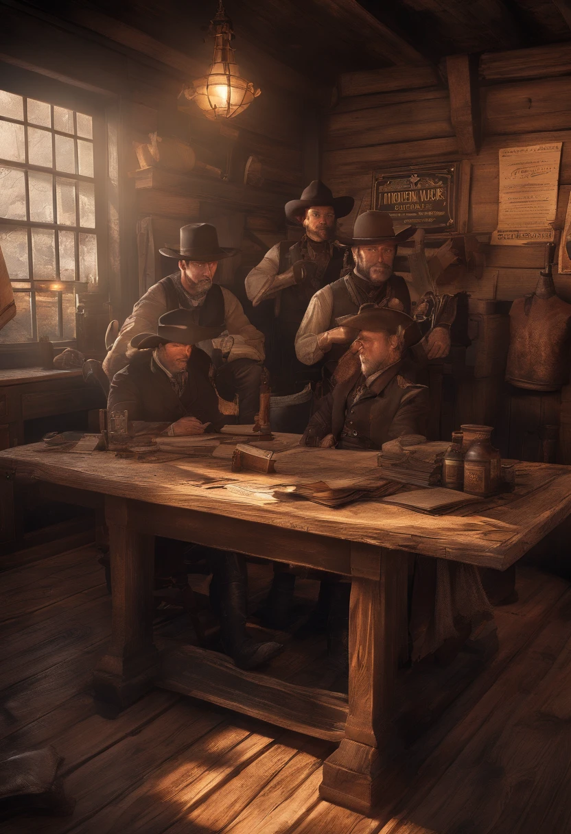 (best quality,4k,8k,highres,masterpiece:1.2),ultra-detailed,(realistic,photorealistic,photo-realistic:1.37),red dead redemption 2 artwork style,dark room,1899 western style,sheriff office,sheriff office decoration, 6 sheriffs standing in front of a table,sheriff hat,sheriff badge,wooden desk,oil painting texture,vintage atmosphere,vibrant colors,soft lighting,Wanted posters hanging on the wall,old wooden walls and floors,strong shadows,leather chairs,dusty air,aged artifacts,authentic costumes,cowboy boots,revolver holsters,jail cells in the background,old documents on the desk,authentic western rifles,antique furniture,sunlight streaming through the window,whiskey bottles on the table,handwritten letters,fireplace with a flickering flame,a painting of the wild west landscape in the background,6 men, 6 sheriffs standing