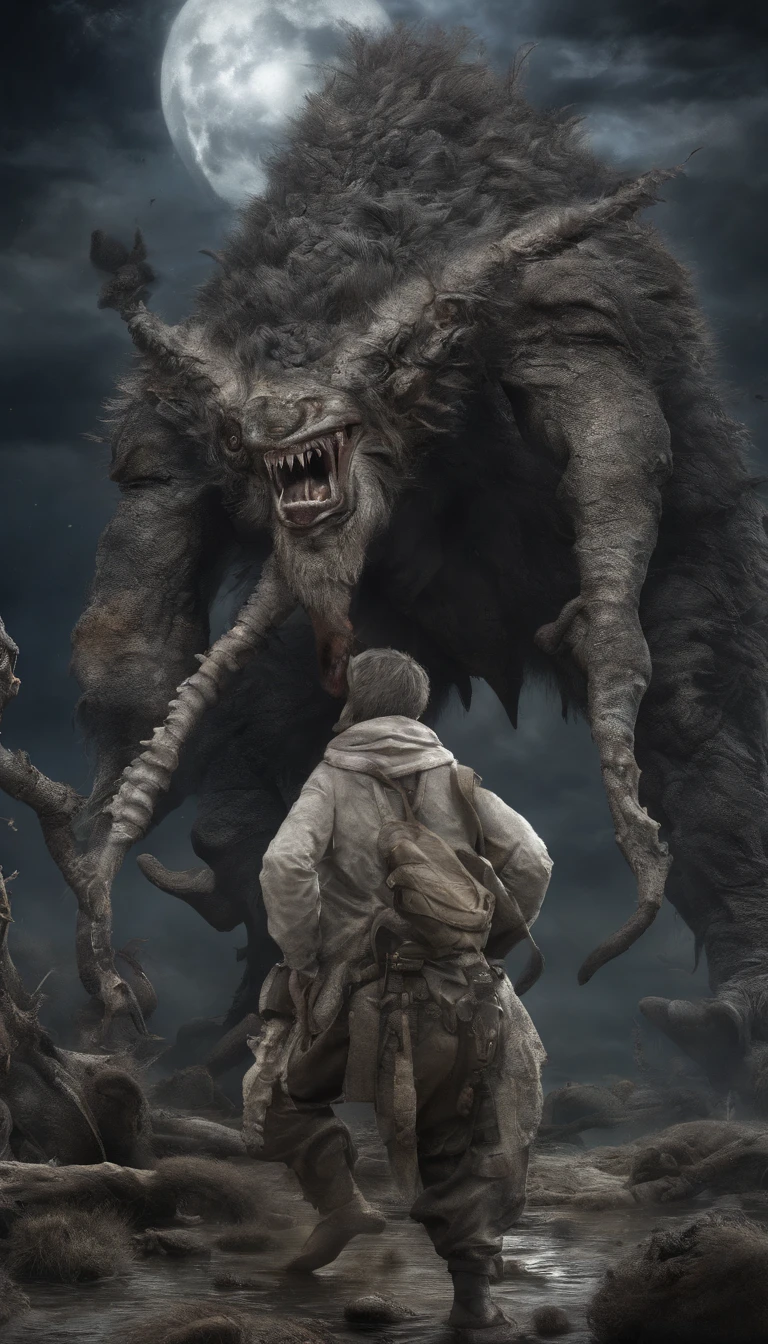 Strange beasts in a fantasy world,Blood,Covered with thick spikes,Moon Night,中景 the scene is,Full body like, highly detailed surreal vfx,oc rendered,Shot with 70 mm - AR 16:9 --q 2 --s 1000