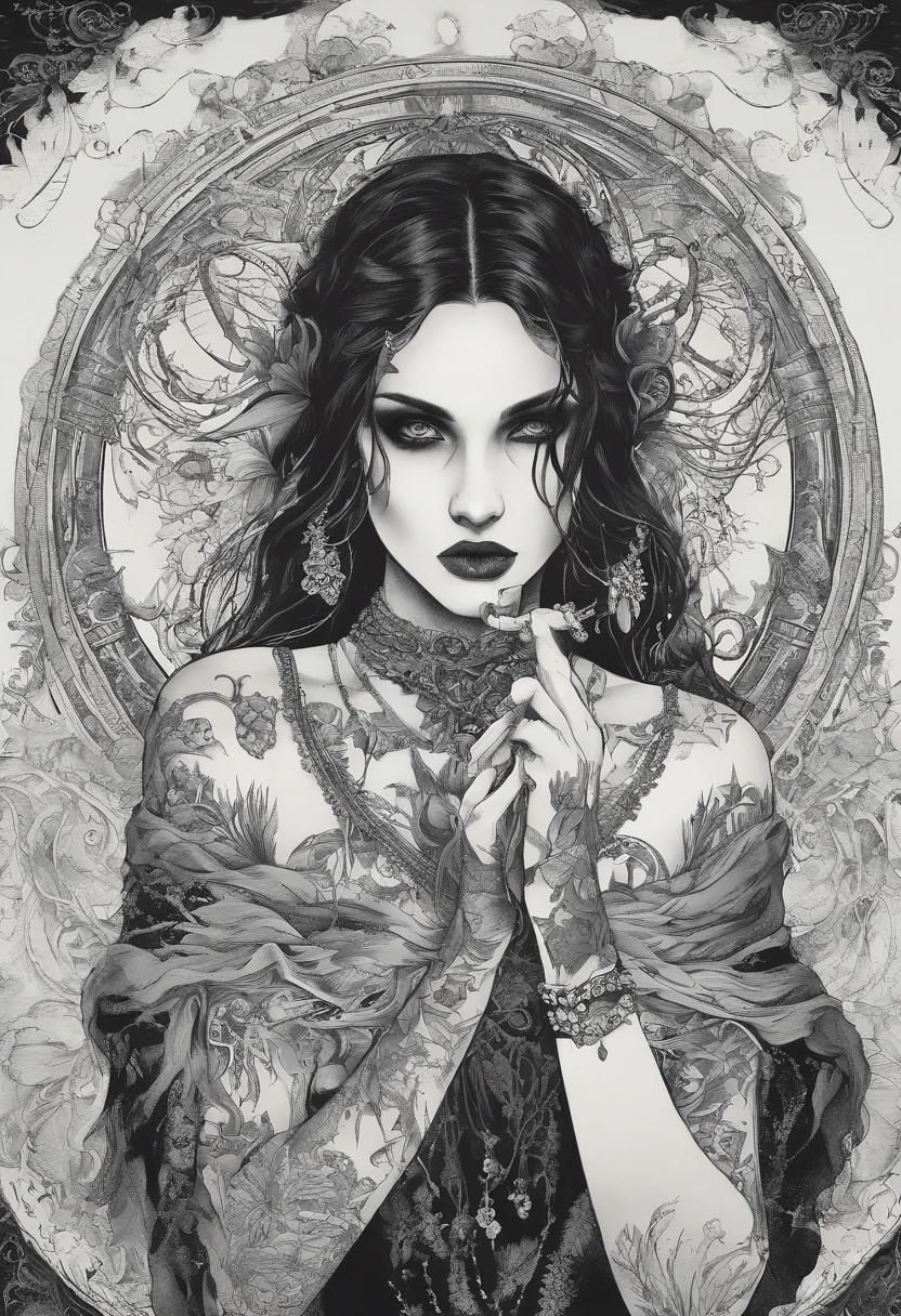 A fully tattooed, dark fantasy, little young goth girl surrounded by an eerie and mysterious scene. The girl has intricate tattoos covering her entire body, showcasing symbols and imagery related to the occultist cult she belongs to. Her eyes are deeply mesmerizing, with a hint of mysticism, and her lips are dark and alluring. The tattoos on her face and body are detailed and captivating, enhancing her otherworldly appearance.

The setting is a dark and haunting environment, filled with shadows and dim lighting. The atmosphere is thick with a sense of foreboding, as if something supernatural is lurking in the shadows. The girl is surrounded by other members of the goth crew, each with their own unique and dark style. They exude an aura of power and secrecy.

The scene is composed of various elements that add to the mystique of the occultist cult. Candles flicker in the background, casting dancing shadows on the walls. Symbols and sigils are etched onto the walls and floor, forming a protective circle around the group. A misty haze envelops the air, giving the room an ethereal quality.

Despite the darkness, there is a certain beauty to the scene. The colors are rich and deep, with shades of midnight blue, velvety purples, and hints of crimson. The girl's tattoos are accentuated by the lighting, creating a captivating contrast of light and darkness.

The overall quality of the image is of the highest caliber, with ultra-detailed textures and realism. The fine details of the tattoos, the shadows playing across the room, and the expressions on the faces of the goth crew members are brought to life with professional precision. The artwork can be compared to a masterpiece, with a sharp focus, vivid colors, and bokeh effects that add depth to the composition.

The prompt for the Stable Diffusion model: 
"(best quality, 4k, 8k, highres, masterpiece:1.2), ultra-detailed, (realistic, photorealistic, photo-realistic:1.37), dark theme, dark fantasy, little young goth girl, ful