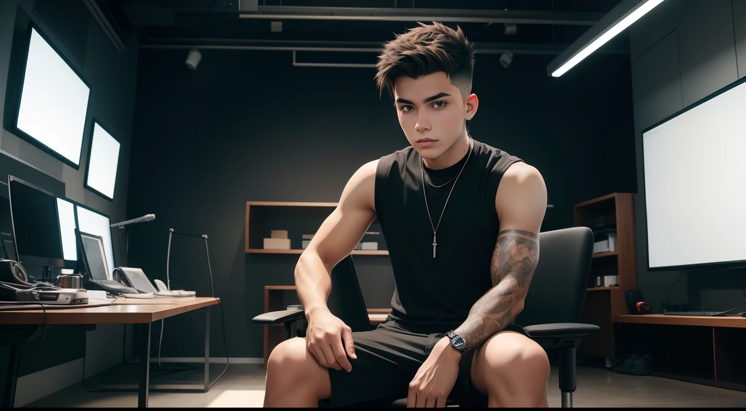 young man name urban legend with short spiky hair in Studio co seeing camera front sit on chair alone show full body