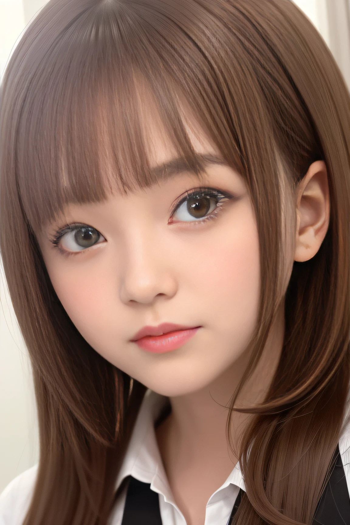 top-quality、​masterpiece、(fidelity: 1.2)、 1 人、brown haired、brown-eyed、front-facing view、A detailed face、beautidful eyes　full bodyesbian　Black miniskirt　Exposing breasts　Sony FE, cut-in, pop-art, nffsw, Textured skin, Best Quality, 1080p