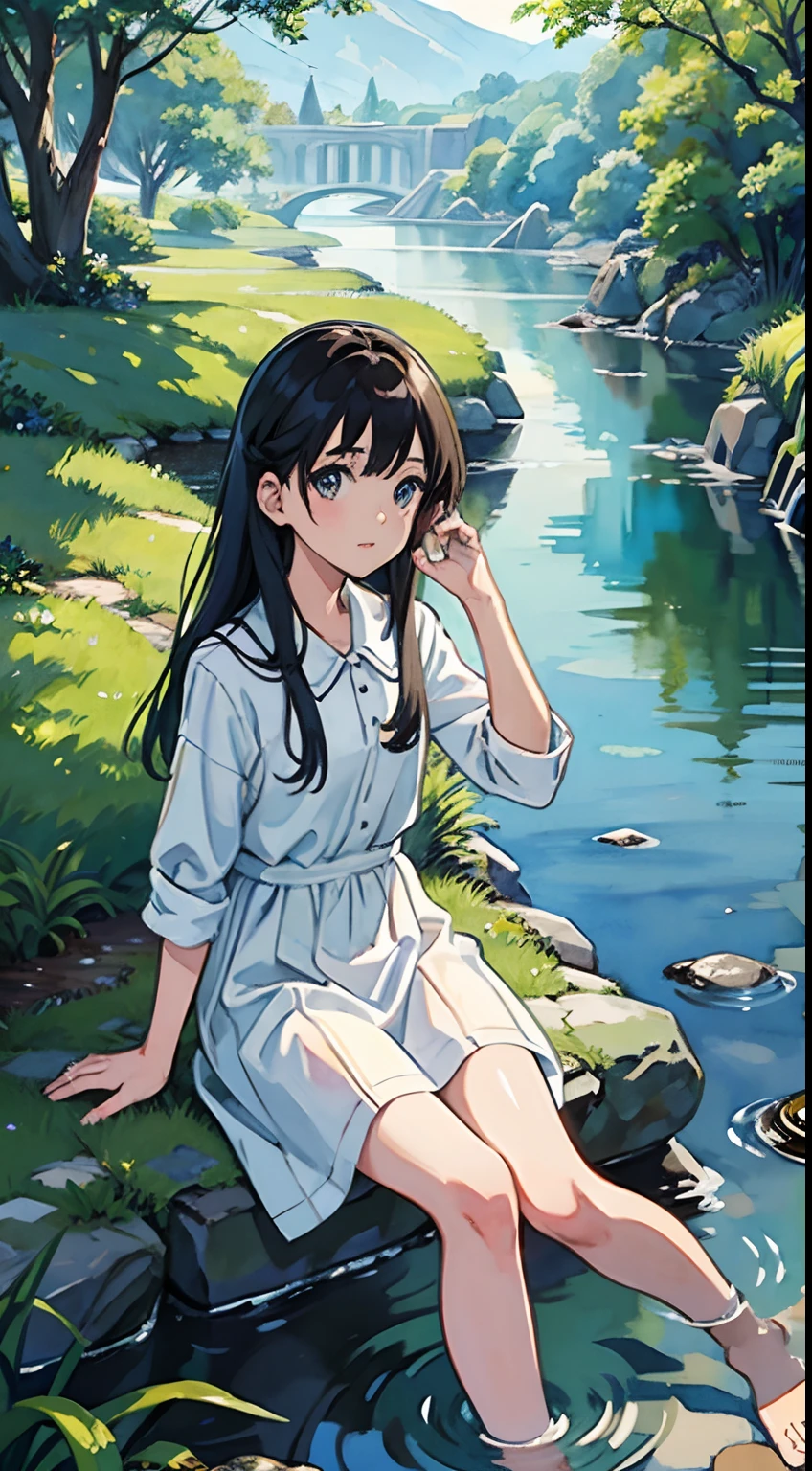 (Watercolor in Sargent style)、(top-quality、masterpiece)、Soft light、1 girl in、Beautiful countryside、A small stream flowing beside a field、Sitting on the bank、In the barefoot position of the creek、Sing a song、The appearance of a neat and clean girl、Wearing a knee-length uniform 、Sitting on the bank、One girl dipping her feet in the river、