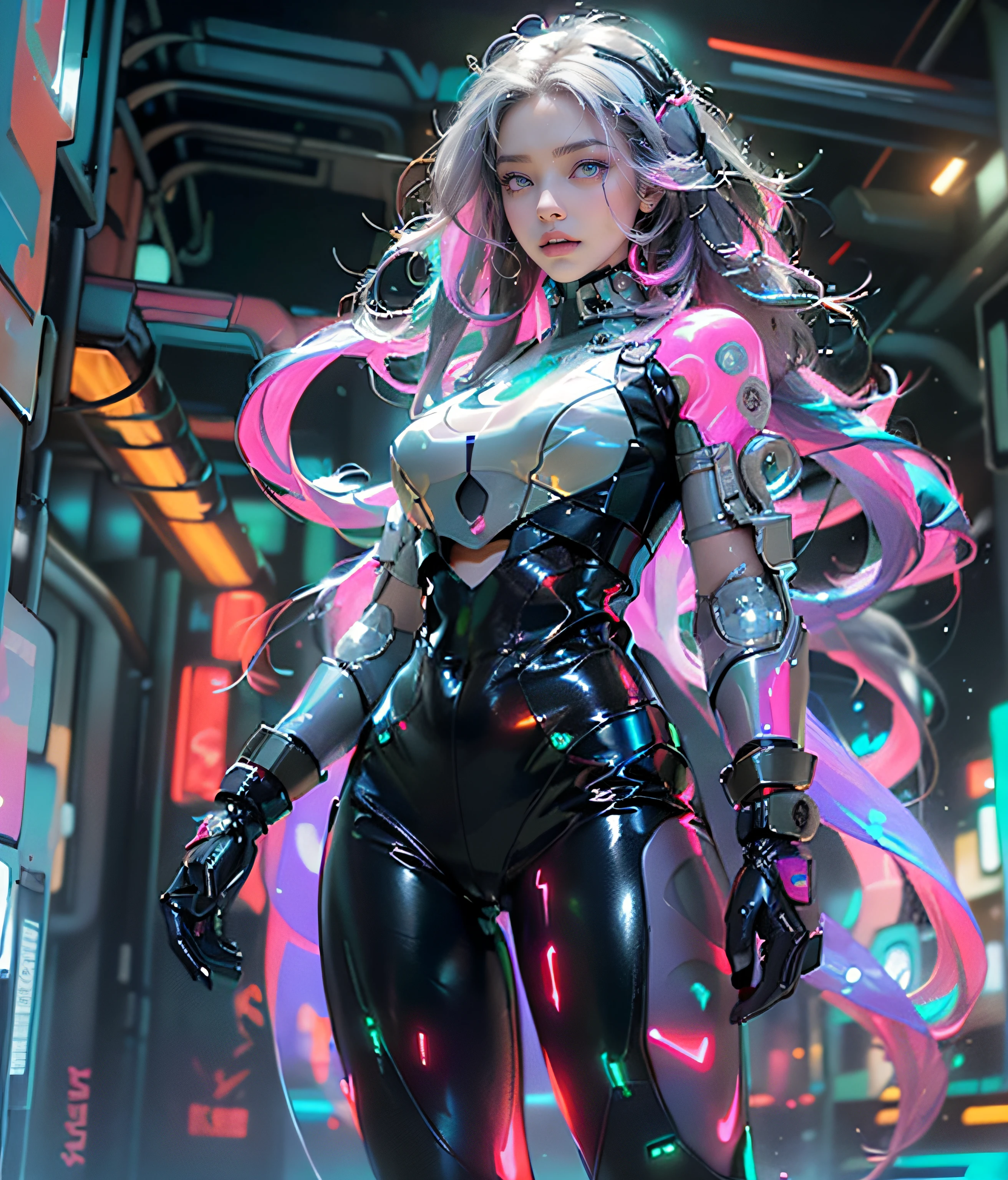 (((Perfect girl portrait shoot))), ((Extremely long curly fluorescent cyberpunk hair)), Best image quality, Masterpiece, Super high resolution, (Fidelity:1.4), Photo, (((1 girl))) Dim, Darkness, Movie, (Translucent futuristic black clothing and costumes:1.5), (Translucent clothes:1.4), ((Cyberpunk)), cyber outfit, ((robot)), Apocalypse, Futuristic, (((Oversized hanging breasts))), ((Perfect and distinct facial features)), ((Portrait)), (((dynamic shot))), ((Perfect body)), ((Award-winning ultra-realistic photos)), (((Extremely tight reflective translucent latex))), Pastel textured colored background, Colourful, vibrant, ((Gorgeous perfect color reflective eyes)), (Spherical flying robot)),