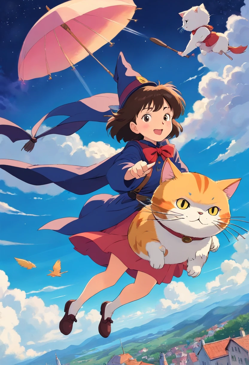 Witch's Delivery Service,Girl flying in the sky,Holding a big fat cat，Ghibli style,Background of residency in Croatia