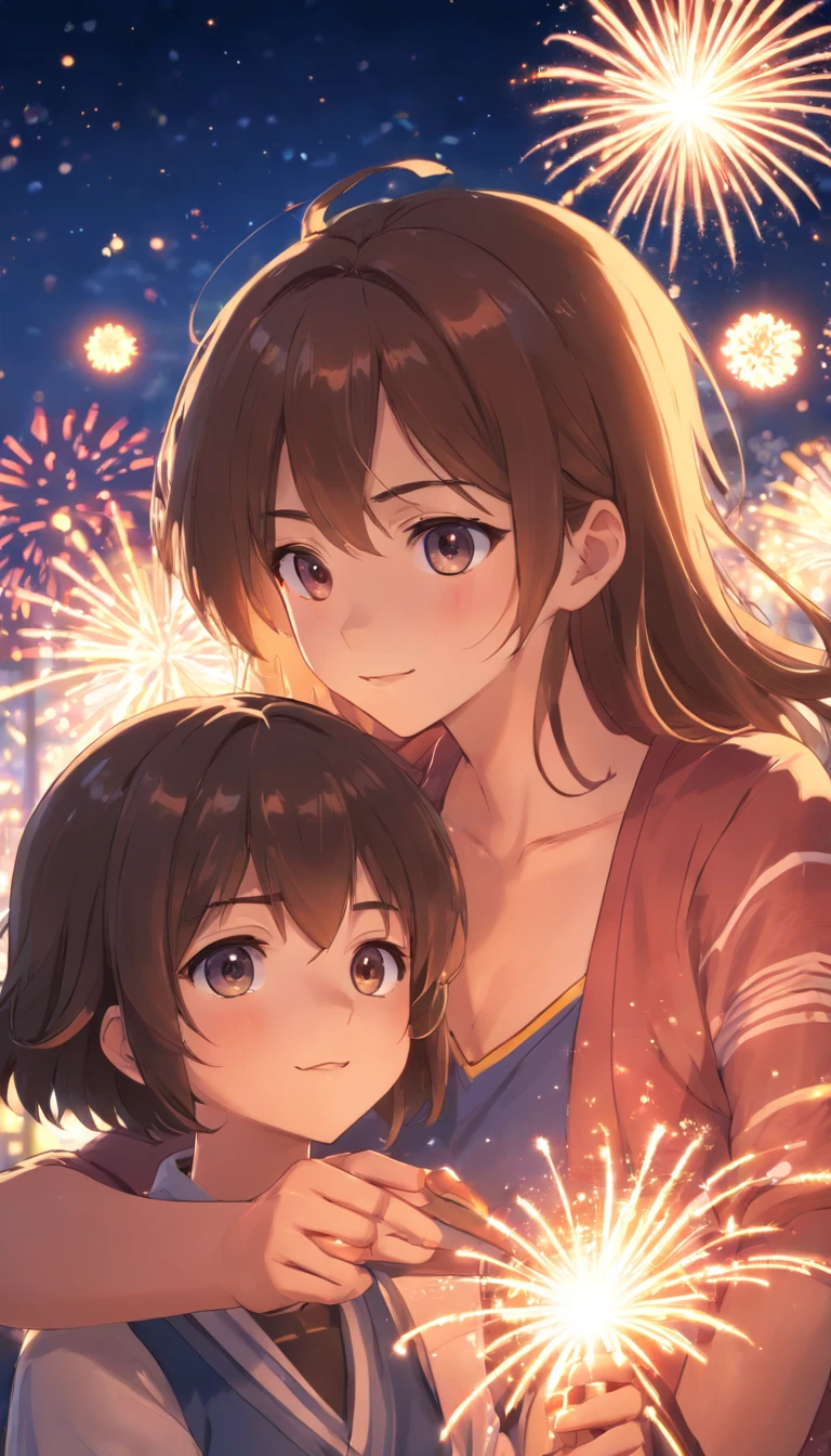 a noite，colorido，Fireworks all over the sky，Heart-shaped bubbles，Casais，caricaturas，hugging each other，Vaga-lumes brilhantes ao redor，illustration，efeitos de brilho，Efeito Dingdall，profundidade de campos，Luz alta，luz real，Traching de raias，oc renderizado，hyper-realistic，melhor qualidade，8k，Obras de mestres，super-fino，pelos pubianos detalhados，anatomia correta，sharp focus on eyes，Bokeh，Facial features are carefully described
