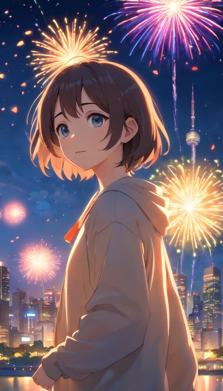 a noite,colorido,Fireworks all over the sky,Heart-shaped bubbles,Casais,caricaturas,hugging each other,Vaga-lumes brilhantes ao redor,illustration,efeitos de brilho,Efeito Dingdall,profundidade de campos,Luz alta,luz real,Traching de raias,oc renderizado,hyper-realistic,melhor qualidade,8k,Obras de mestres,super-fino,pelos pubianos detalhados,anatomia correta,sharp focus on eyes,Bokeh,Facial features are carefully described