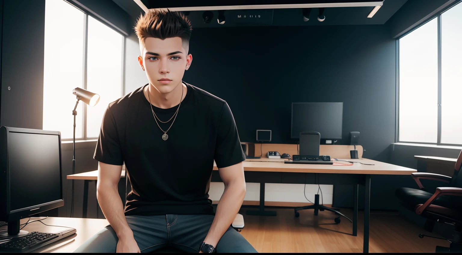 young man name urban legend with short spiky hair in Studio co seeing camera front sit on chair alone show full body