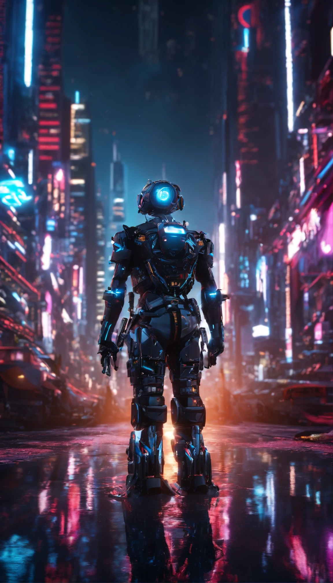 Scientist with cyberpunk style,Semi-mechanized scientist,Combat posture,majestic-looking,Feelings for moving forward,Stunning colors。Set in a futuristic cyberpunk style city,the street,People with blurred vision,(Movie lighting),(light and shadow effect),(unreal-engine),(Tyndall),(cinema4d),(Super futuristic fantasy style),(8k wallpaper),(tmasterpiece),(Photography Award),realisticlying