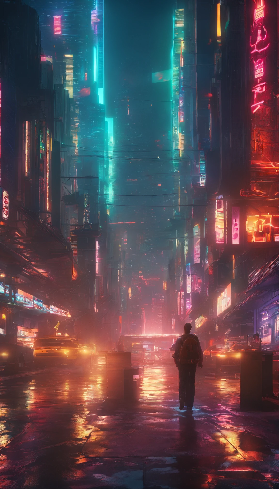 Cyberpunk style scientist，Semi-mechanized scientist，Combat posture，majestic-looking，The feeling of moving forward，Stunning colors。Set in a futuristic cyberpunk style city，the street，People with blurred vision，（Movie lighting），（light and shadow effect），（unreal-engine），（Tyndall），（cinema4d），（Super futuristic fantasy style），（8k wallpaper），（tmasterpiece），（Photography Award），realisticlying