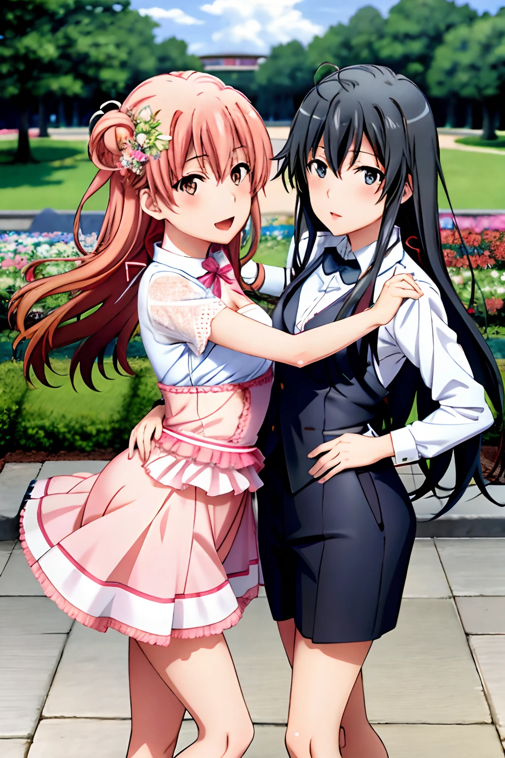 Best Quality,A highly detailed,portrait,anime,soft colors,Landscape garden,flowers ,A formal evening for the curve of the body of Yukino,Girl Dress Up for Yui,young girl, Dancing together,2 girls, Yukino and Yui, Female body