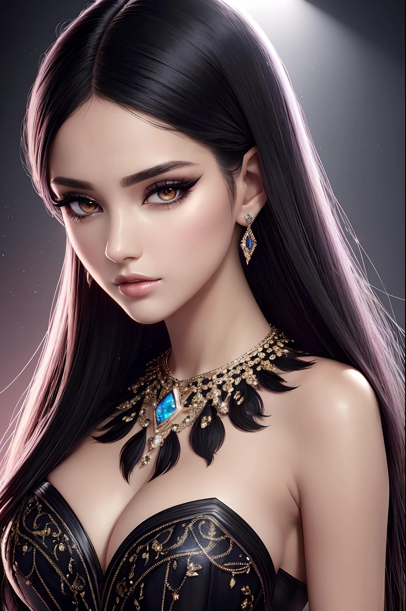 ultra detailed beautiful woman, 25 years-old woman, stunningly beautiful, black hair, black dress, black eyes, her whole head is visible with hair, black jewel necklace, earrings, black eyeshadow visible on her eyelids and eyeliner on her eyes, very long eyelashes, stuningly beautiful face, focus on face, holographic, light particles, ultra detailed illustration, hit definition, very bold and vivid colors, 32k resolution, best quality, volumetric lighting, “best quality”, “masterpiece", half of her body is visible, top of her dress is visible, ultra realistic, high-quality detail
