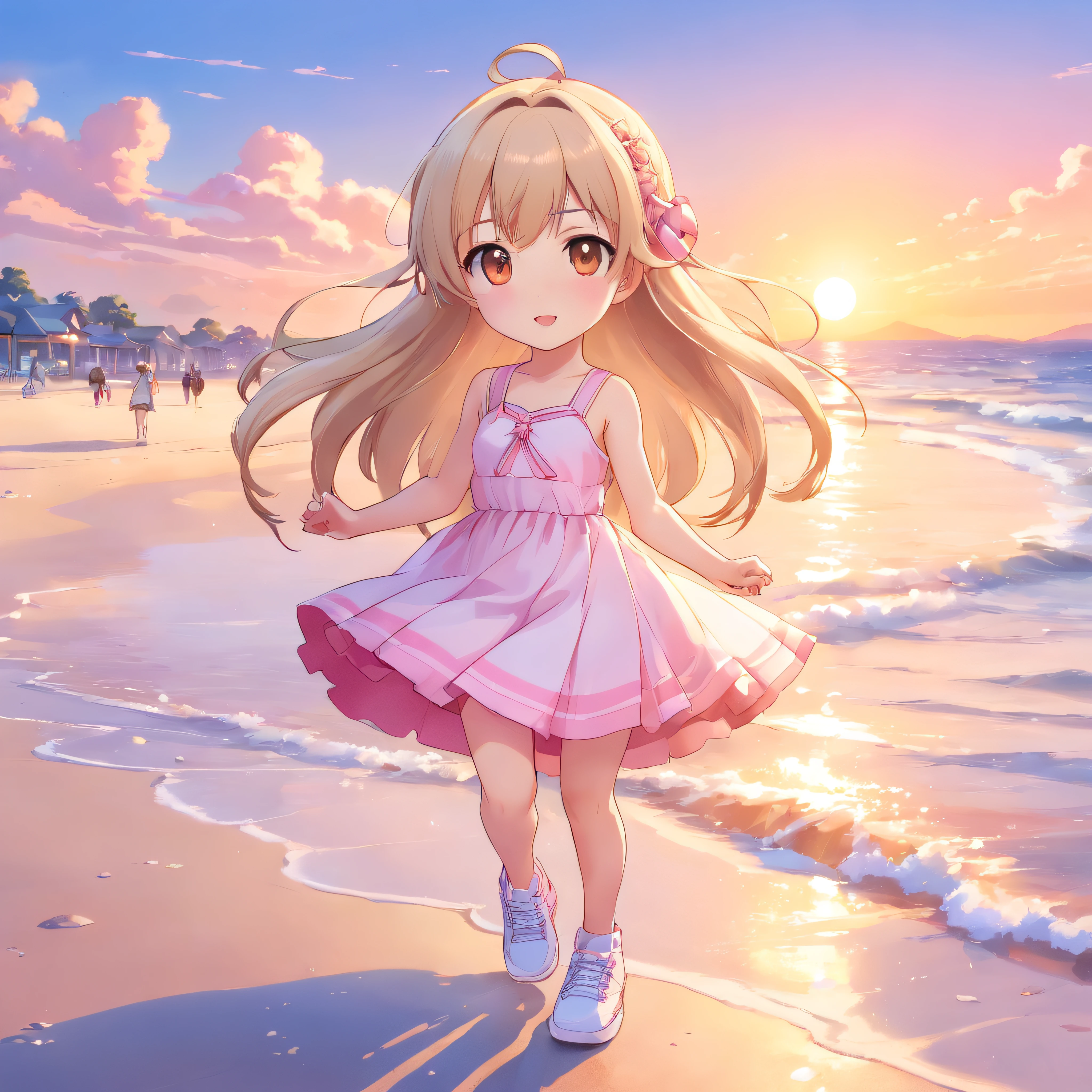 cute, chibi, a little baby girl, light skin, golden eyes, silver long hair, pink and pink pastel color party dress with candy designs, white sneakers, portrait, 3D rendering, high quality, ( plain background), (perfect hands), (full body), female, 8k, in the edge of beach.