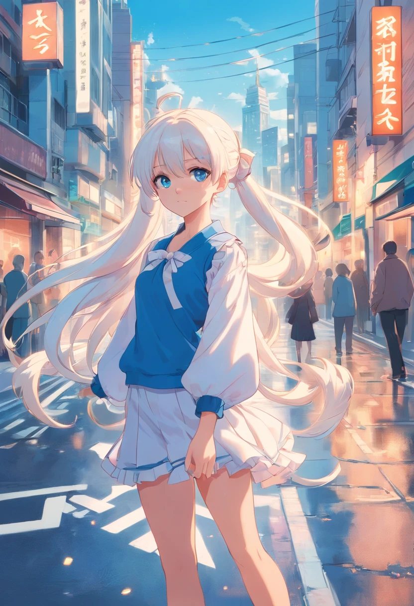 White color hair，Double ponytail curls，blue color eyes，White Lolita，Beth，A bustling city street