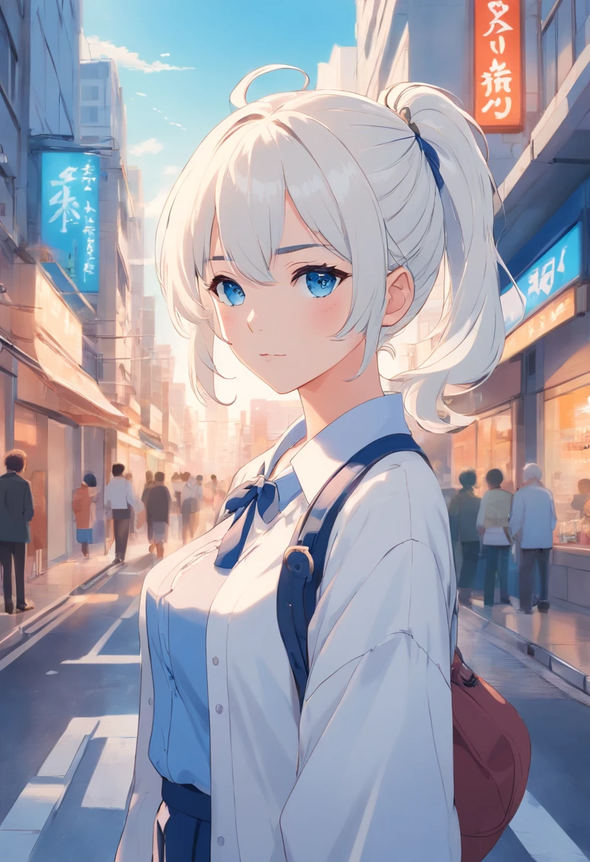 White color hair,Double ponytail curls,blue color eyes,White Lolita,Beth,A bustling city street