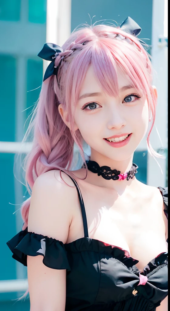 (ultra-detailliert), Cute princess dresses in black color,(frilly dress),(shortsleeves),Blue eyes,The upper part of the body、a closeup、faces、(A smile:1.5),(facing front:1.2), 20yr old, teens girl,no tail,(no tail),2D, masterpiece, top-quality, animesque,Band Group Vocals, a closeup, Singing a song on an electric guitar, Stand Microphone, Mouth open, A detailed eye, A detailed face, girl with, Only 1 person,Pink Hair Medium Hair, (Pink hair), Ear Hair, small tits, Single braid, (Single braid), (Side braid), Pink ribbon, Ribbon around the neck, (White sleeves), Background bokeh