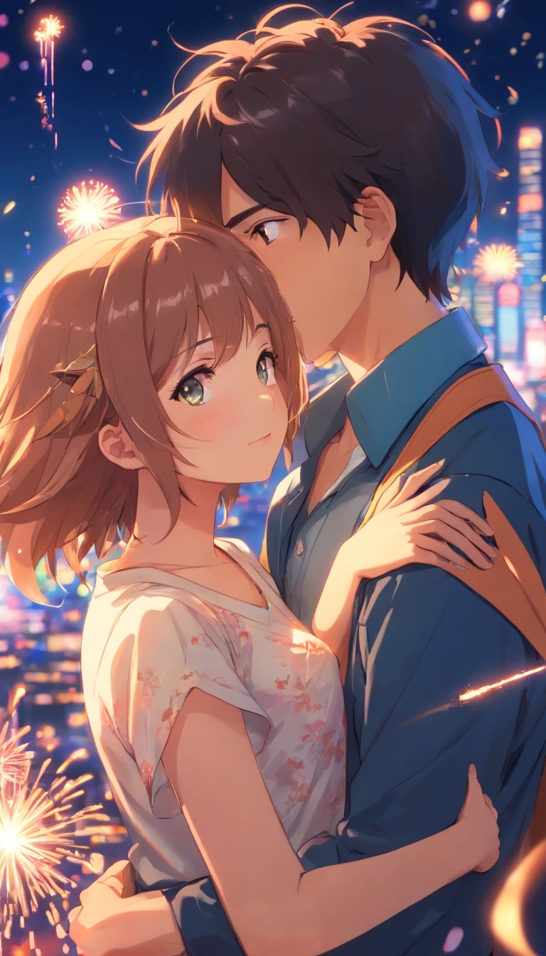 homem e mulher feliz, a noite,colorido,Fireworks all over the sky,Heart-shaped bubbles,Casais,caricaturas,hugging each other,Vaga-lumes brilhantes ao redor,illustration,efeitos de brilho,Efeito Dingdall,profundidade de campos,Luz alta,luz real,Traching de raias,oc renderizado,hyper-realistic,melhor qualidade,8k,Obras de mestres,super-fino,pelos pubianos detalhados,anatomia correta,sharp focus on eyes,Bokeh,Facial features are carefully described