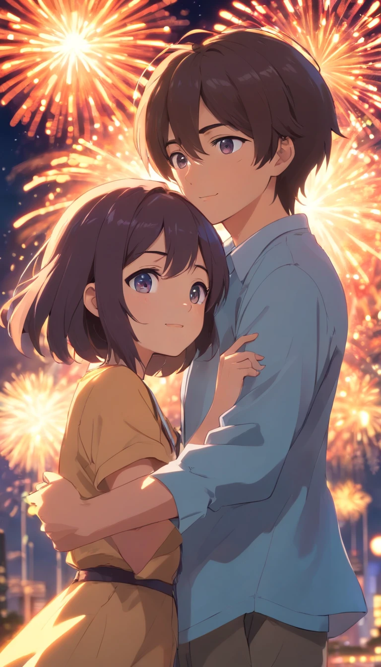 homem e mulher feliz, a noite,colorido,Fireworks all over the sky,Heart-shaped bubbles,Casais,caricaturas,hugging each other,Vaga-lumes brilhantes ao redor,illustration,efeitos de brilho,Efeito Dingdall,profundidade de campos,Luz alta,luz real,Traching de raias,oc renderizado,hyper-realistic,melhor qualidade,8k,Obras de mestres,super-fino,pelos pubianos detalhados,anatomia correta,sharp focus on eyes,Bokeh,Facial features are carefully described