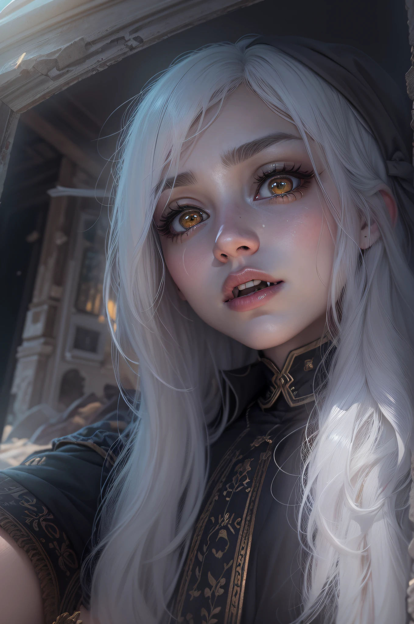 (extremely detailed CG unity 8k wallpaper), (masterpiece), (best quality:1.2), (highres), (illustration:1.1), (cinematic light:1.1), finely detailed, intricate details, (best illustration), 8k resolution, intricate details, best quality, realistic, ultra-detailed, best illumination, best shadow, ultra-HD, cryengine, ultra hd, (detailed reflection), detailed shadows, (((intricate details))), smooth, ((perfect shading)), high quality metal texture, metallic luster, highly detailed illustration, (semi realistic:1.6), (wide_shot:1.2), (from below, dutch_angle), dutch angle,(face to below knee:1.3), ((dark)), dark_fantasy, perfect fingers, hyper details, cutest, solo female, (silver white hair:1.2), absurdly long hair, asymmetrical bangs, (golden eyes:1.4), (finely_detailed_beautiful_eyes_and_detailed_face:1.4), (pale skin), , (vampire:1.3), (naked, over knee stocking), (choker), big breasts, thin legs, (fangs:1.2),laying on bed, pale skin, (full body:1.45), (inside of abandoned castle:1.3), (full moon), dark atmosphere, complicated background, dynamic camera angle, blood rain behind, (warzone), (((high quality detailed ruins))), (depth of field), ((cinematic lighting)), ((horror)), ((dark fantasy)), lovecraftian, spot color, monotone, (best illumination), (hyper intricate details), ((ultra-detailed)), 4k unity, (extremely detailed CG:1.2), (8k:1.1), ((landscape view)), Artstation, ((by sui ishida, by Wenjun Lin, by stefan morrell)), dark fantasy art, ((semi-realistic)), (realism), (dynamic), (RFKTR_bontrex-150:0.5), (nixeu_basic2:0.5)