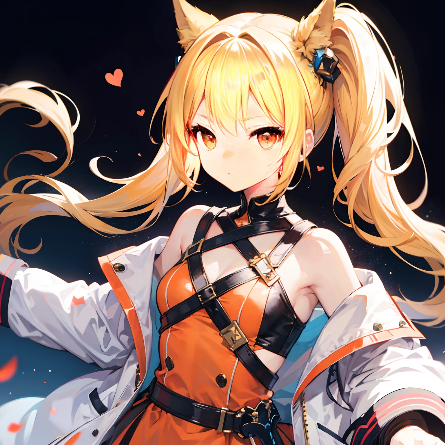 anime girl,long blonde hair styled into pony tails,orange eyes,wearing orange j-pop idol clothes