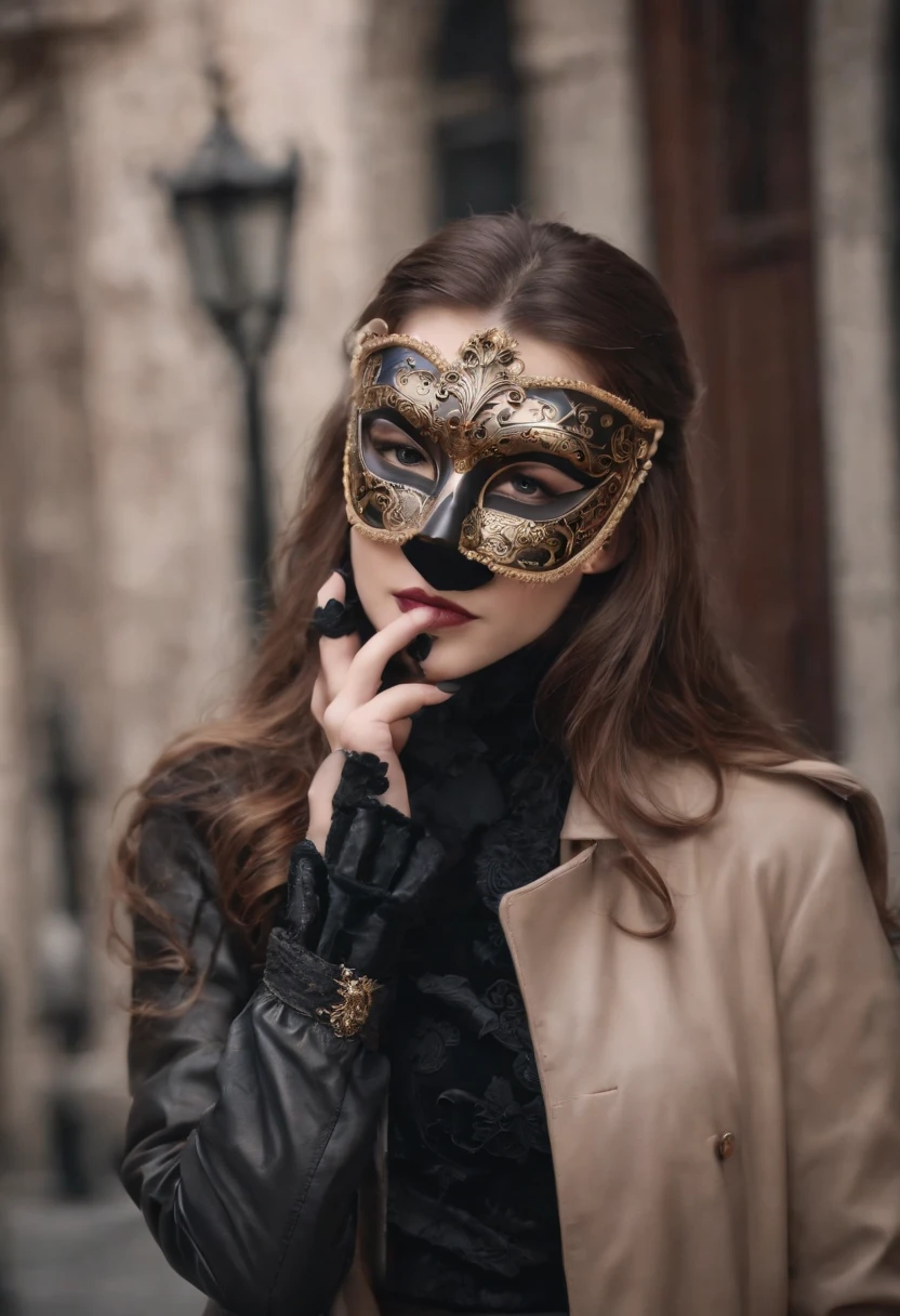 Venetian mask that covers the entire face　Black leather gloves　trench coat　long boots　femele