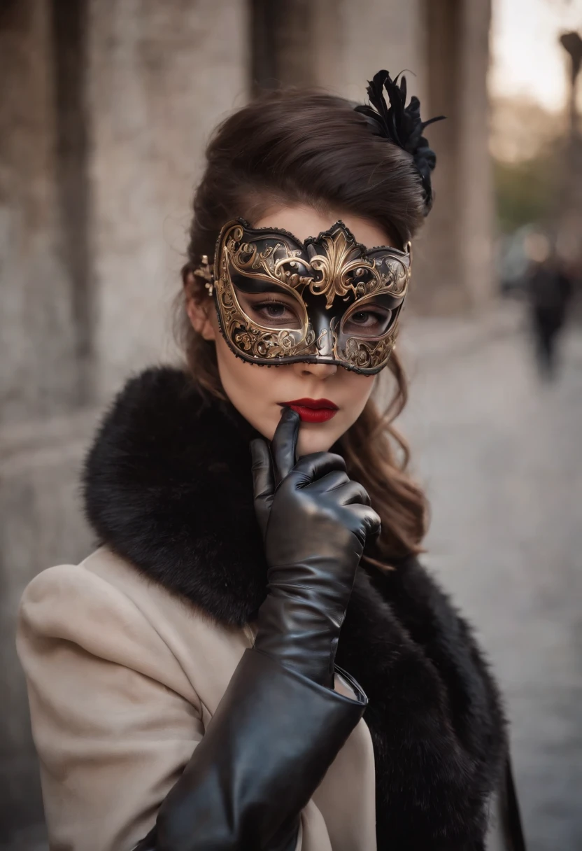 Venetian mask that covers the entire face　Black leather gloves　trench coat　long boots　femele